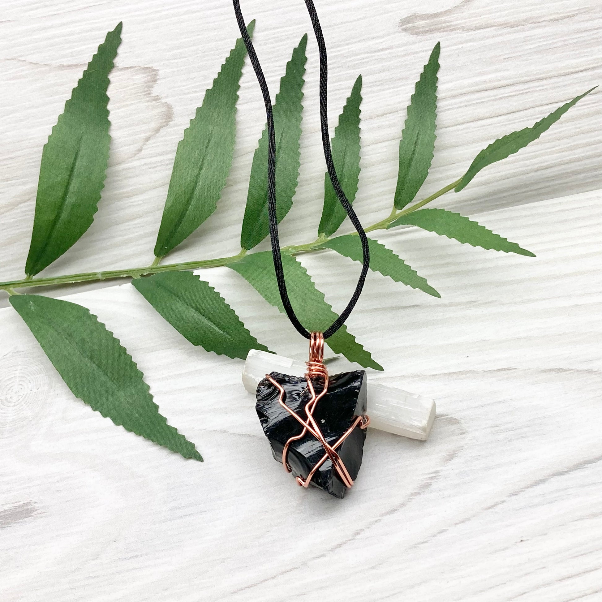Natural Black Obsidian Necklace. Crystal Wrapped With Tarnish Resistant Copper Wire. Comes On A Black Chain.