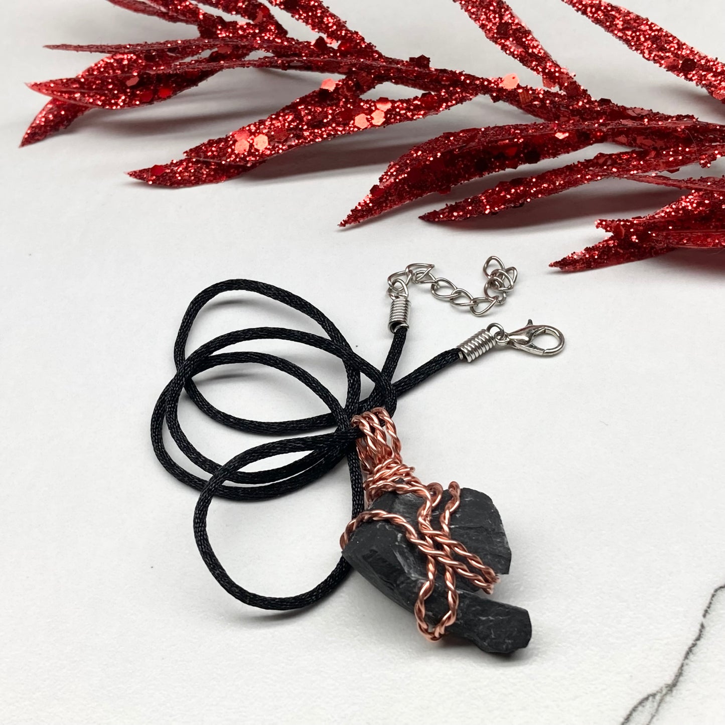 Real Black Onyx Stone Wrapped With Copper Wire. Raw Crystal Necklace. Rough Gemstone Pendant. Comes On A Black Chain. Witchy Pagan Style Jewelry.