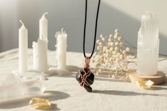 Real Black Onyx Stone Wrapped With Copper Wire. Raw Crystal Necklace. Rough Gemstone Pendant. Comes On A Black Chain. Witchy Pagan Style Jewelry.