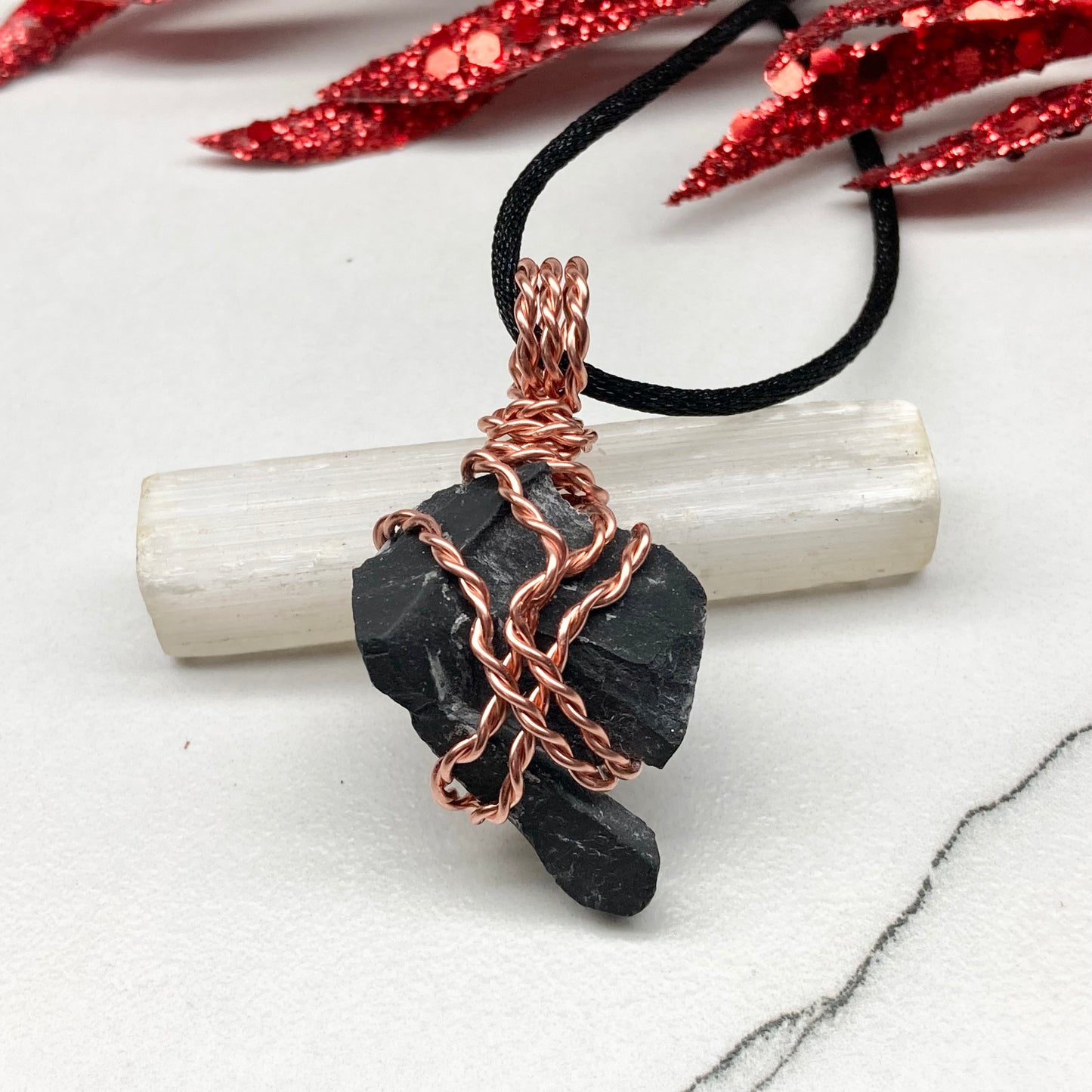 Real Black Onyx Stone Wrapped With Copper Wire. Raw Crystal Necklace. Rough Gemstone Pendant. Comes On A Black Chain. Witchy Pagan Style Jewelry.