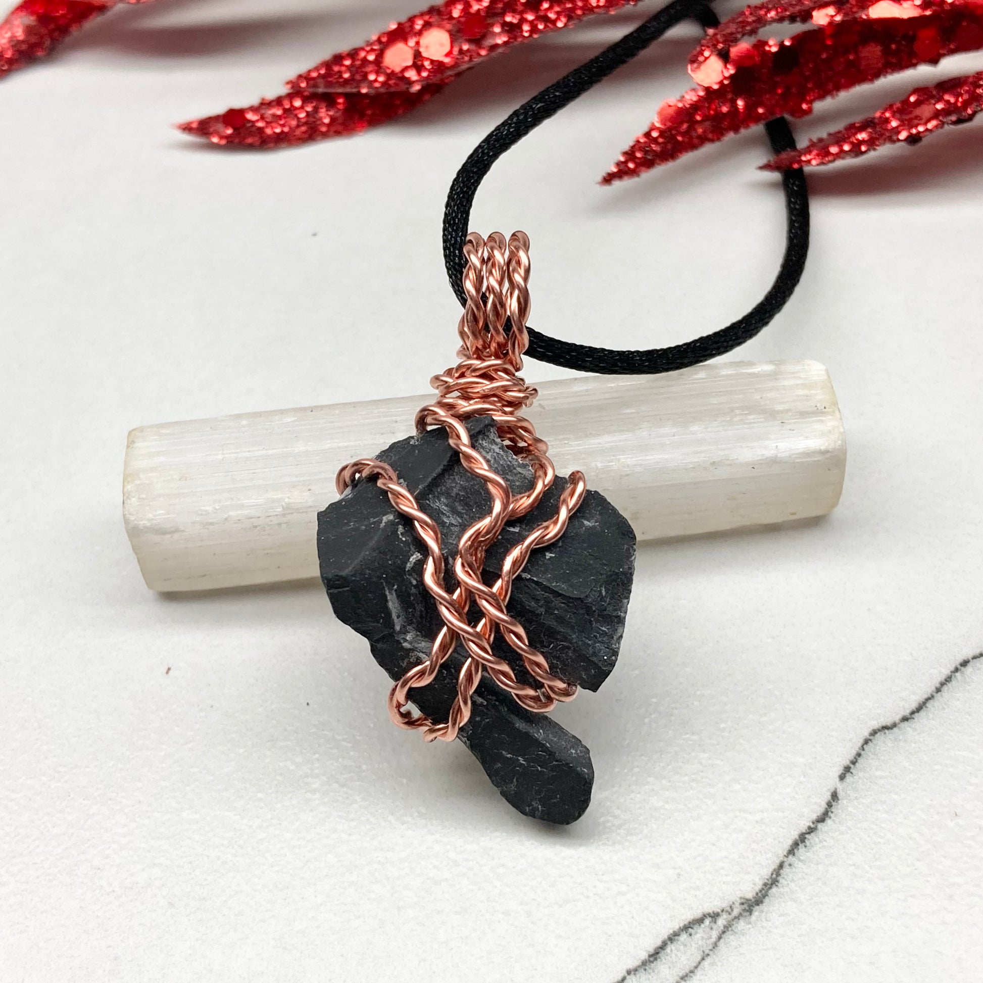 Real Black Onyx Stone Wrapped With Copper Wire. Raw Crystal Necklace. Rough Gemstone Pendant. Comes On A Black Chain. Witchy Pagan Style Jewelry.