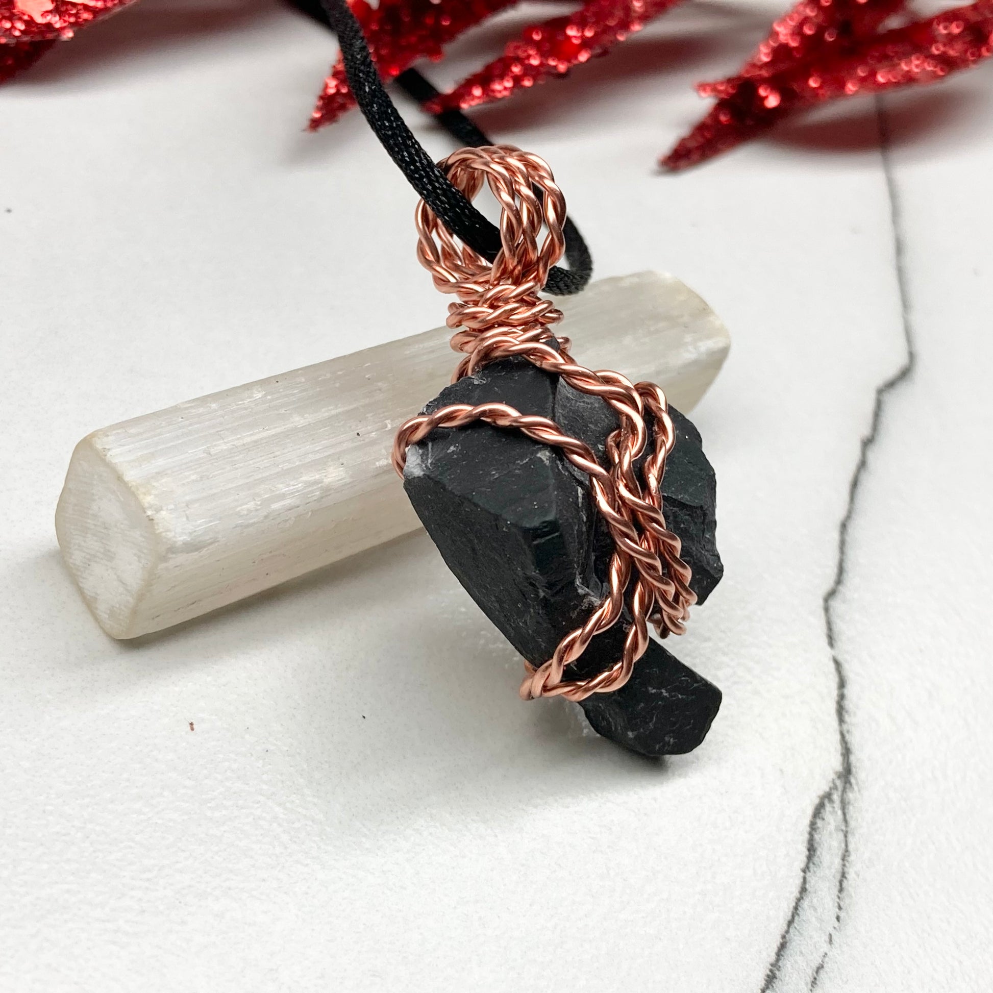 Real Black Onyx Stone Wrapped With Copper Wire. Raw Crystal Necklace. Rough Gemstone Pendant. Comes On A Black Chain. Witchy Pagan Style Jewelry.
