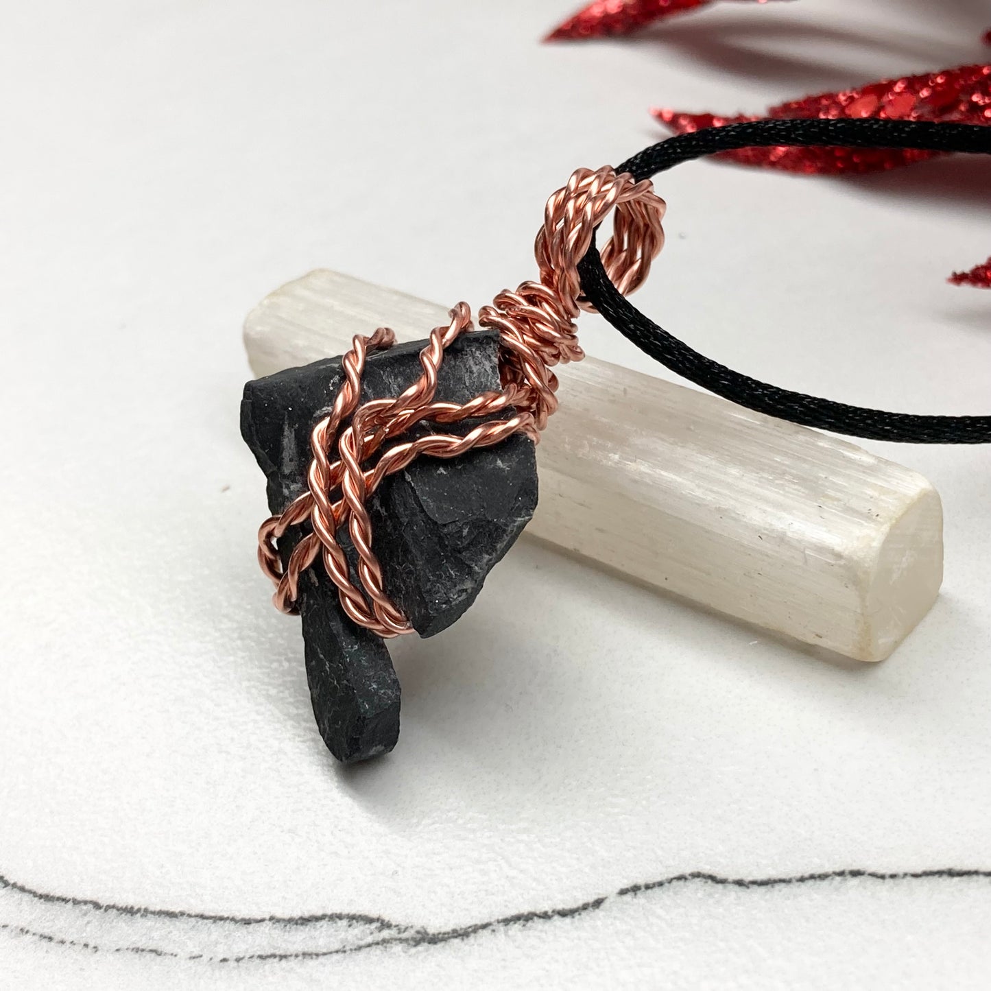 Real Black Onyx Stone Wrapped With Copper Wire. Raw Crystal Necklace. Rough Gemstone Pendant. Comes On A Black Chain. Witchy Pagan Style Jewelry.