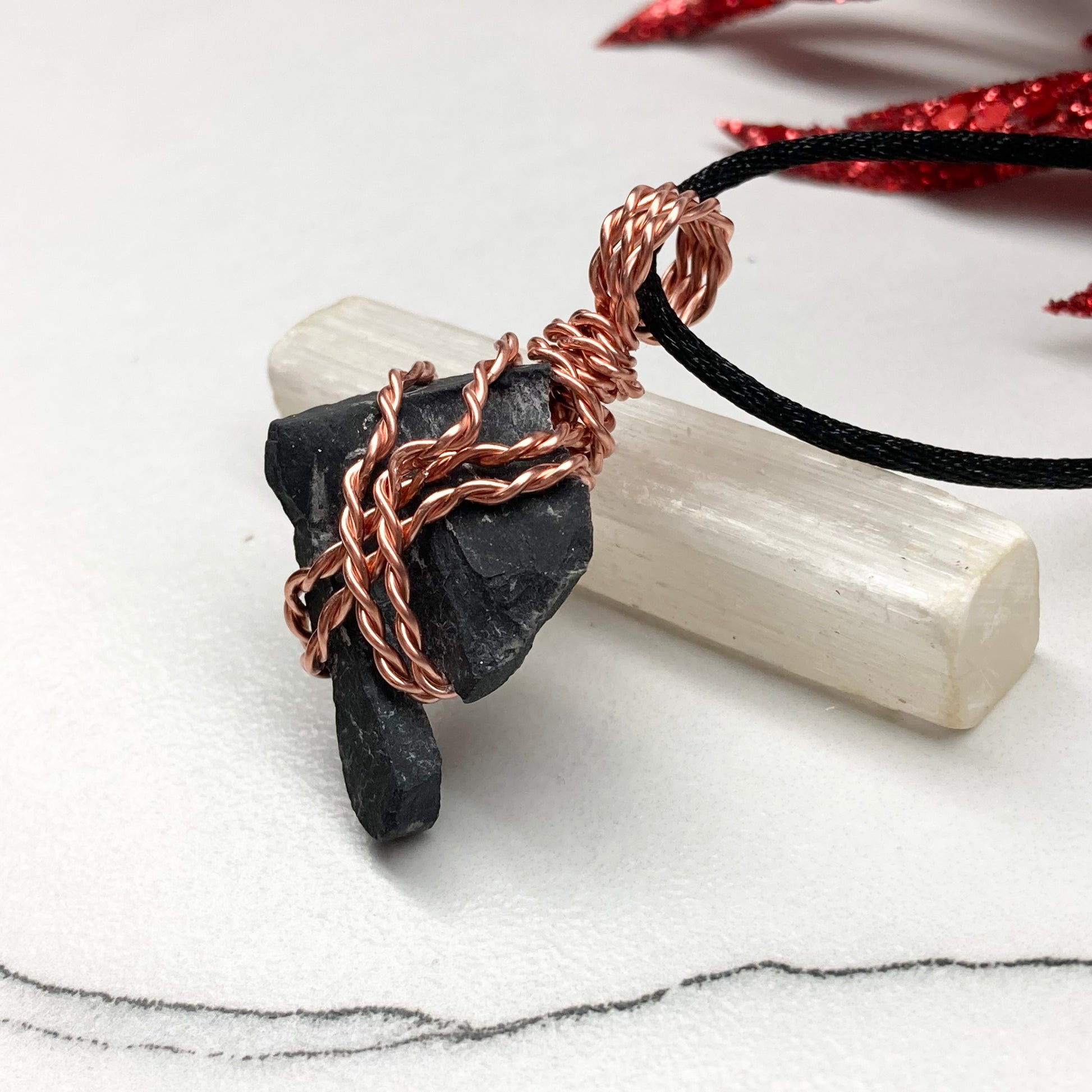 Real Black Onyx Stone Wrapped With Copper Wire. Raw Crystal Necklace. Rough Gemstone Pendant. Comes On A Black Chain. Witchy Pagan Style Jewelry.