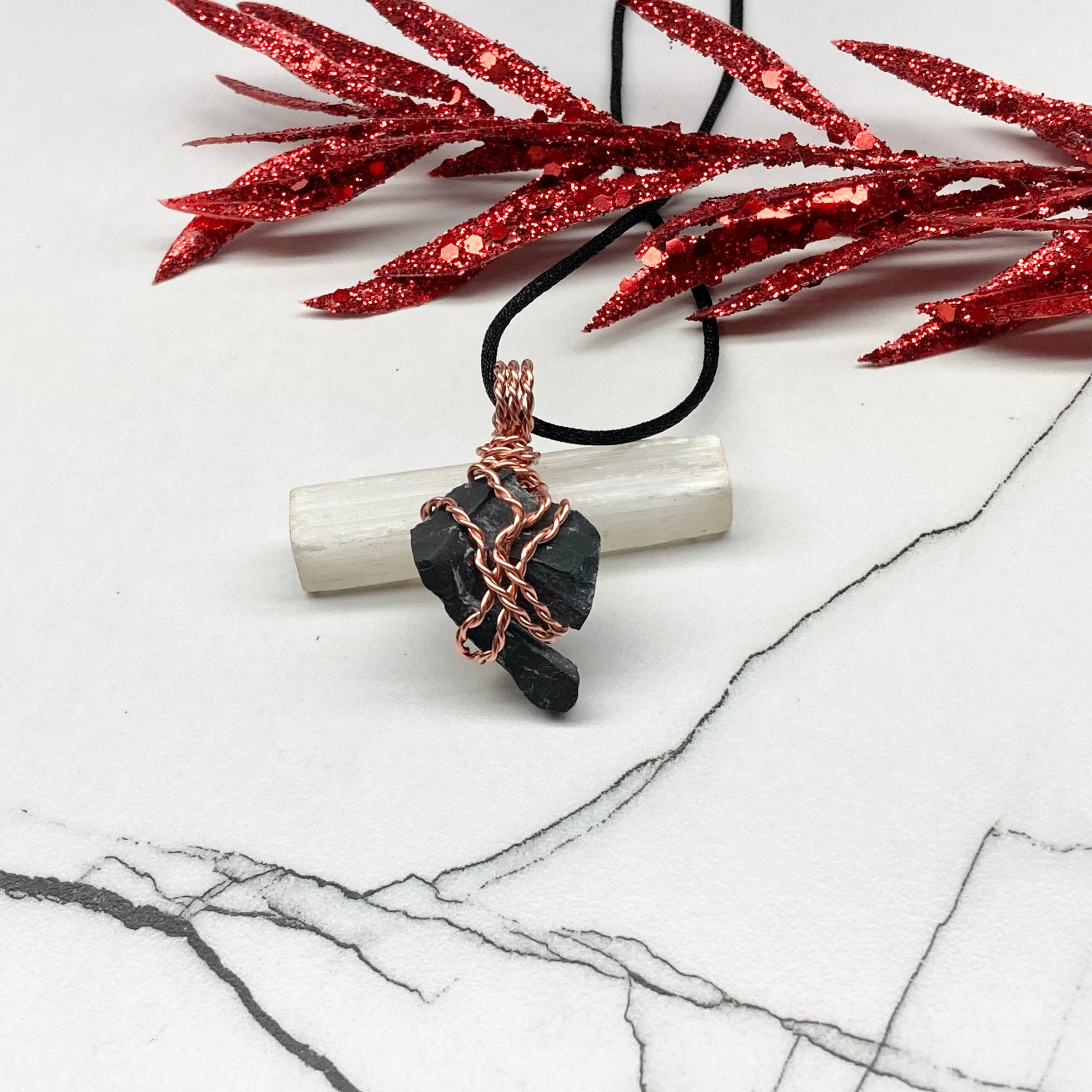 Real Black Onyx Stone Wrapped With Copper Wire. Raw Crystal Necklace. Rough Gemstone Pendant. Comes On A Black Chain. Witchy Pagan Style Jewelry.