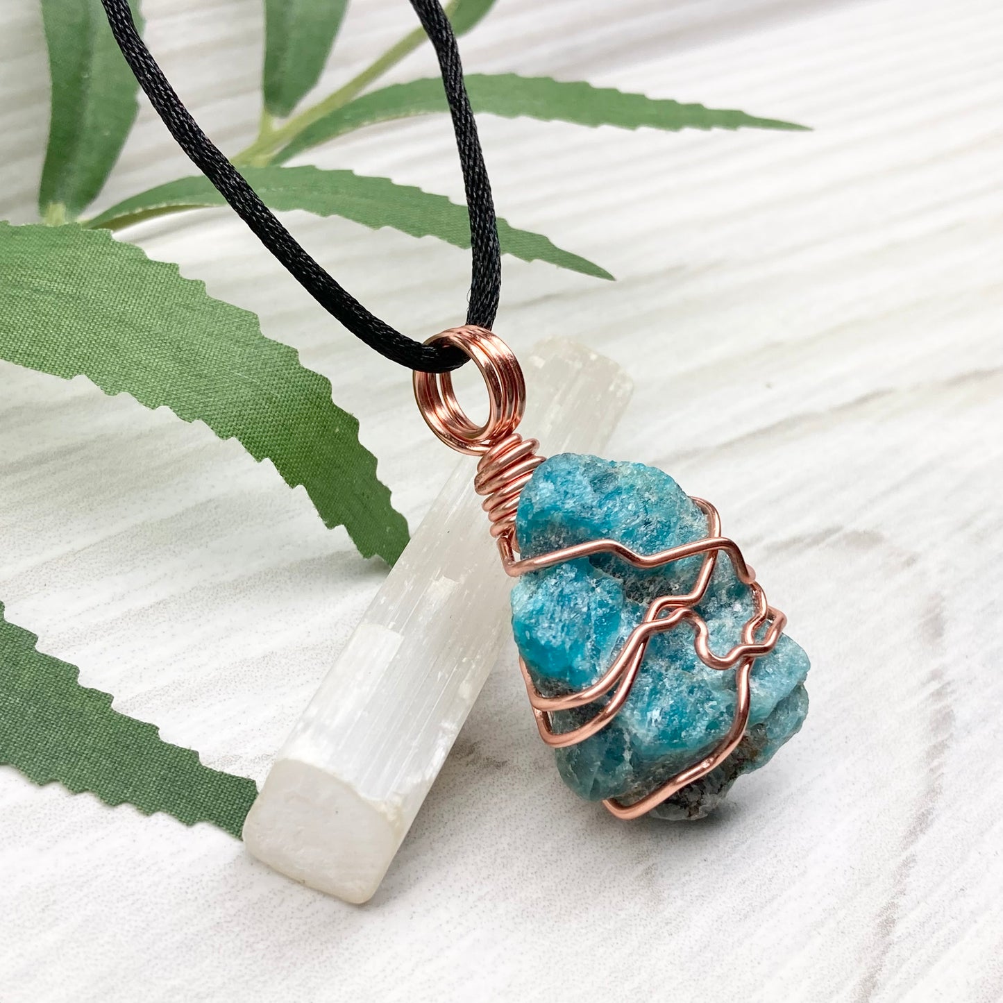 Blue Apatite Necklace. Raw Blue Apatite Stone Wrapped With Tarnish Resistant Copper Wire. This Pendant Was Handcrafted During The Moon In Scorpio. Comes On A Black Chain. Spiritual Jewelry For Him Or Her.
