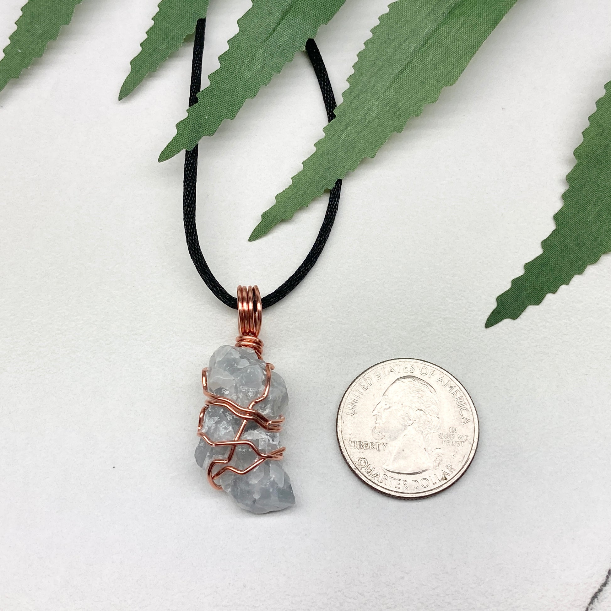 Blue Calcite Necklace. Copper Wire Wrapped Raw Crystal Pendant. Handmade New Age Jewelry.  Comes On A Black Chain. Wiccan Pagan Style Jewelry.