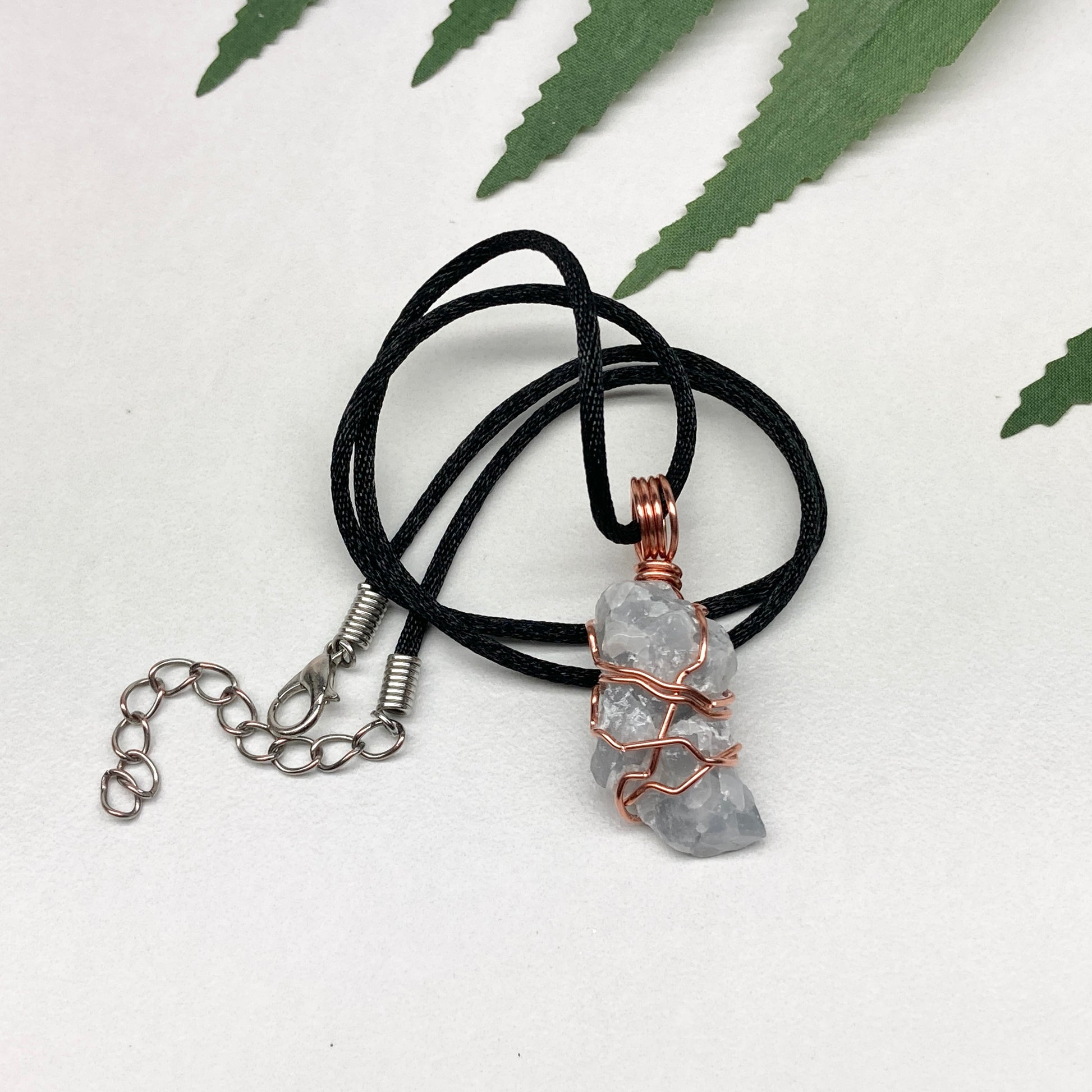 Blue Calcite Necklace. Copper Wire Wrapped Raw Crystal Pendant. Handmade New Age Jewelry.  Comes On A Black Chain. Wiccan Pagan Style Jewelry.