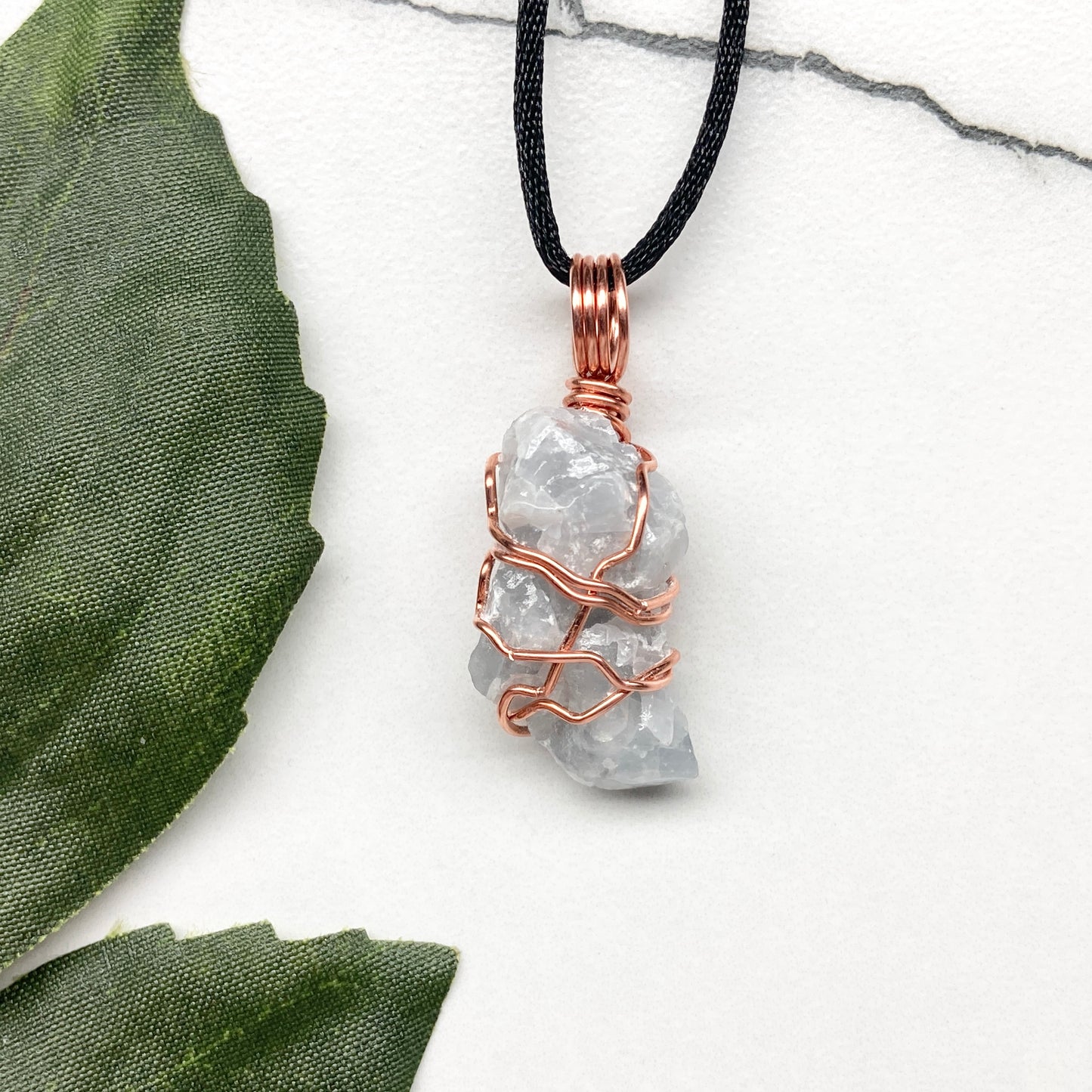 Blue Calcite Necklace. Copper Wire Wrapped Raw Crystal Pendant. Handmade New Age Jewelry.  Comes On A Black Chain. Wiccan Pagan Style Jewelry.