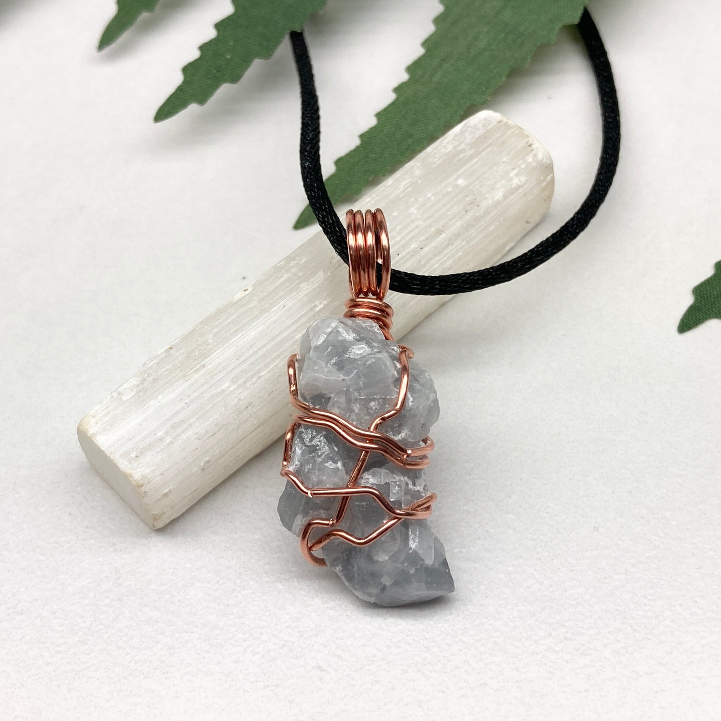 Blue Calcite Necklace. Copper Wire Wrapped Raw Crystal Pendant. Handmade New Age Jewelry.  Comes On A Black Chain. Wiccan Pagan Style Jewelry.