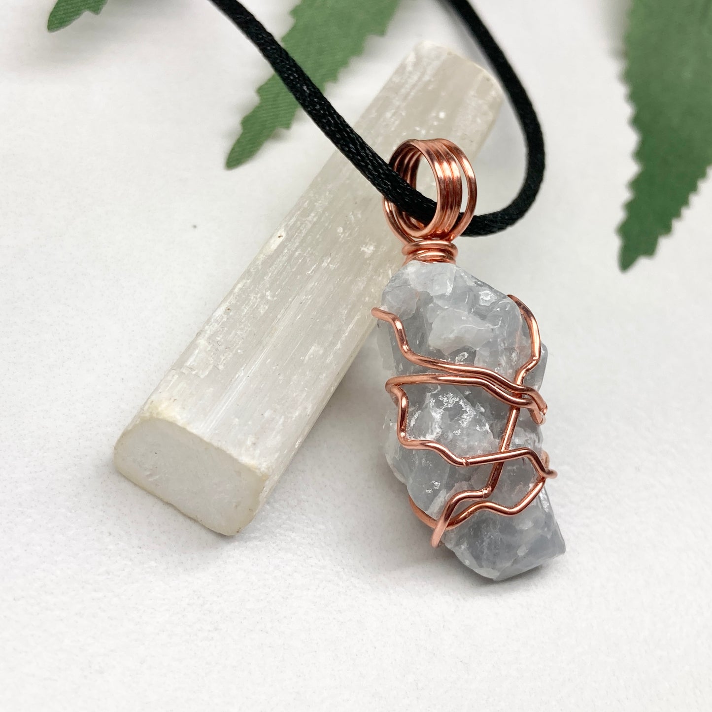 Blue Calcite Necklace. Copper Wire Wrapped Raw Crystal Pendant. Handmade New Age Jewelry.  Comes On A Black Chain. Wiccan Pagan Style Jewelry.