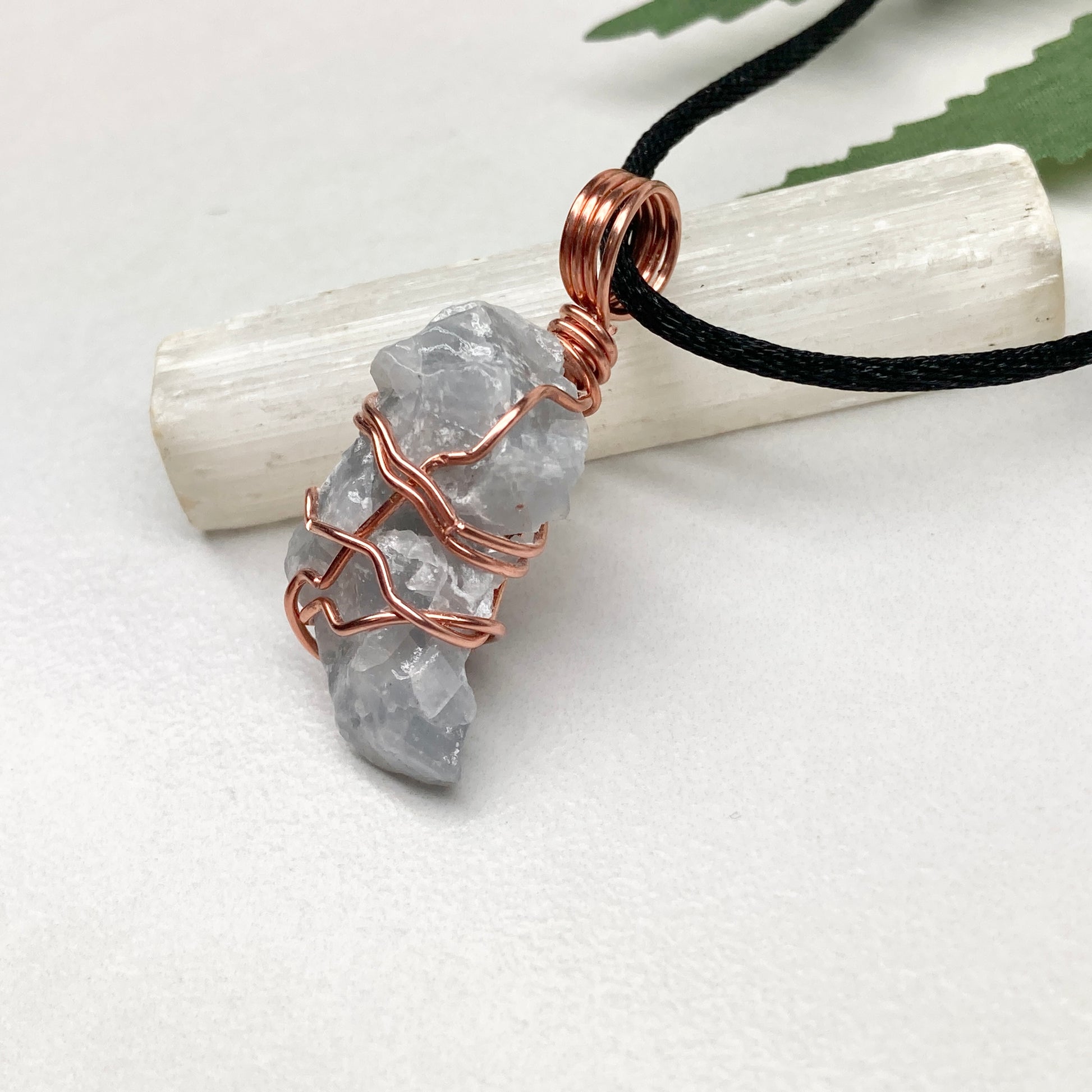 Blue Calcite Necklace. Copper Wire Wrapped Raw Crystal Pendant. Handmade New Age Jewelry.  Comes On A Black Chain. Wiccan Pagan Style Jewelry.