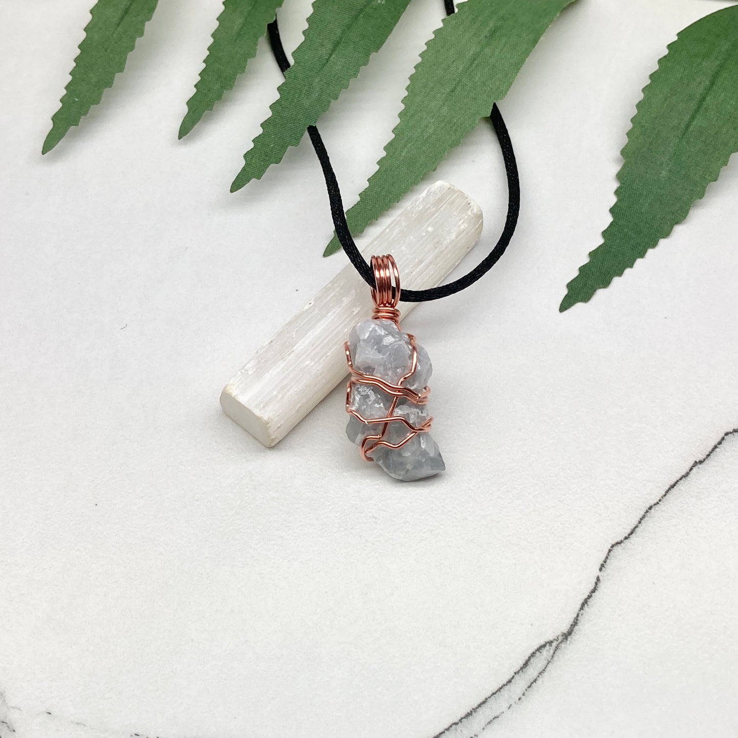 Blue Calcite Necklace. Copper Wire Wrapped Raw Crystal Pendant. Handmade New Age Jewelry.  Comes On A Black Chain. Wiccan Pagan Style Jewelry.