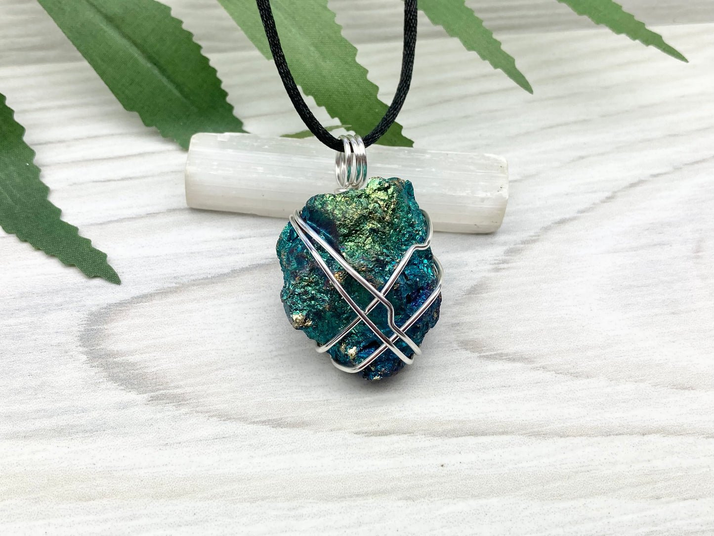 Raw Peacock Ore Necklace. Silver Copper Wire Wrapped Shimmery Crystal Pendant. Comes On A Black Necklace. Handmade Spiritual Jewelry.