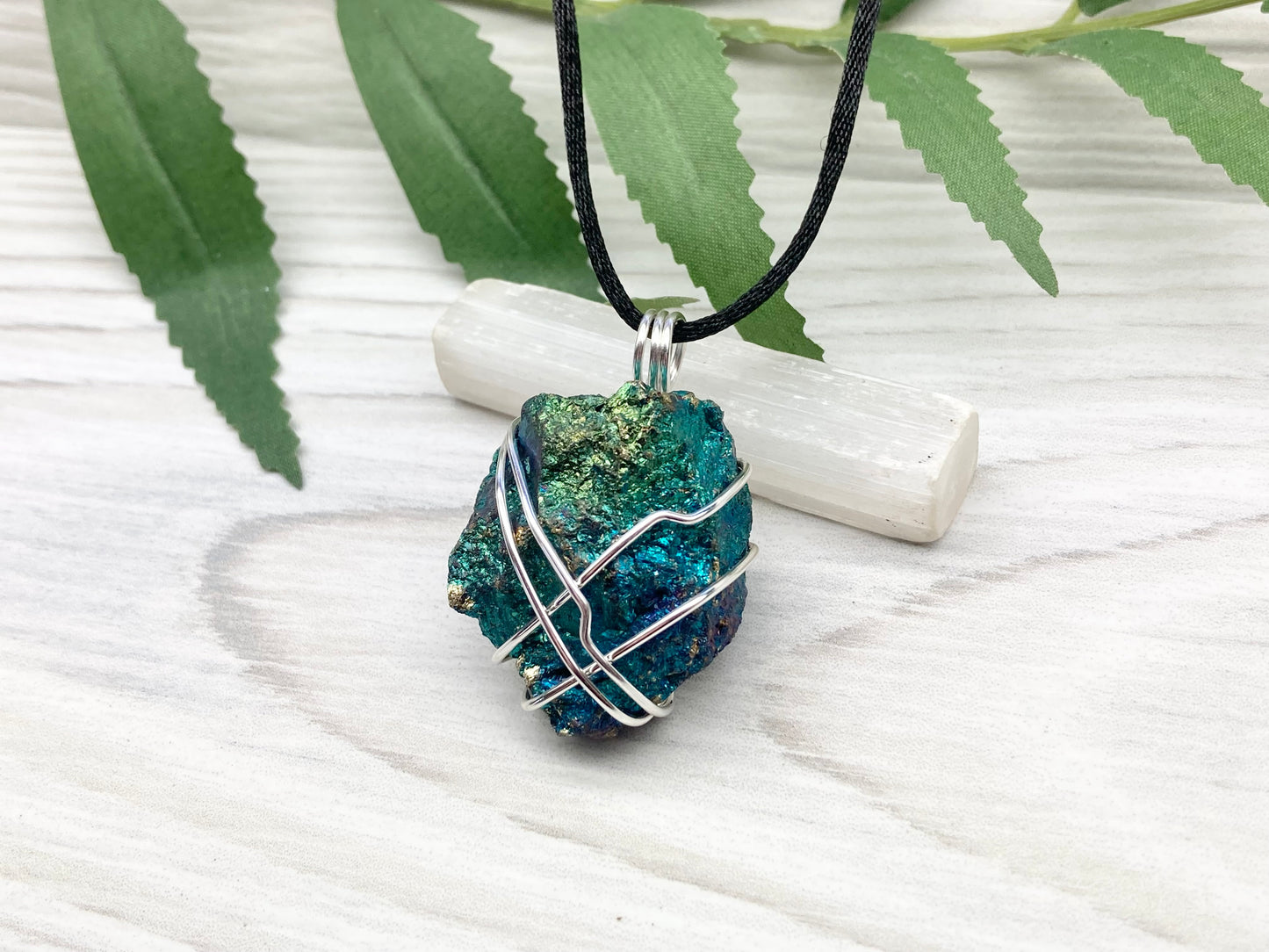 Raw Peacock Ore Necklace. Silver Copper Wire Wrapped Shimmery Crystal Pendant. Comes On A Black Necklace. Handmade Spiritual Jewelry.