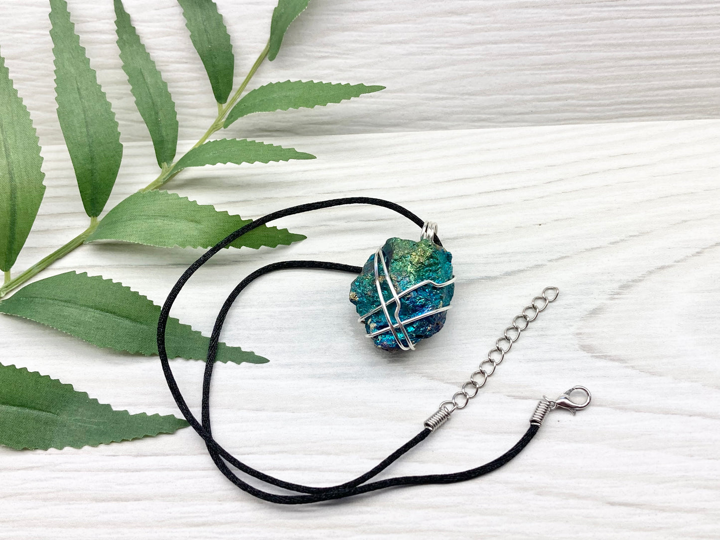 Raw Peacock Ore Necklace. Silver Copper Wire Wrapped Shimmery Crystal Pendant. Comes On A Black Necklace. Handmade Spiritual Jewelry.