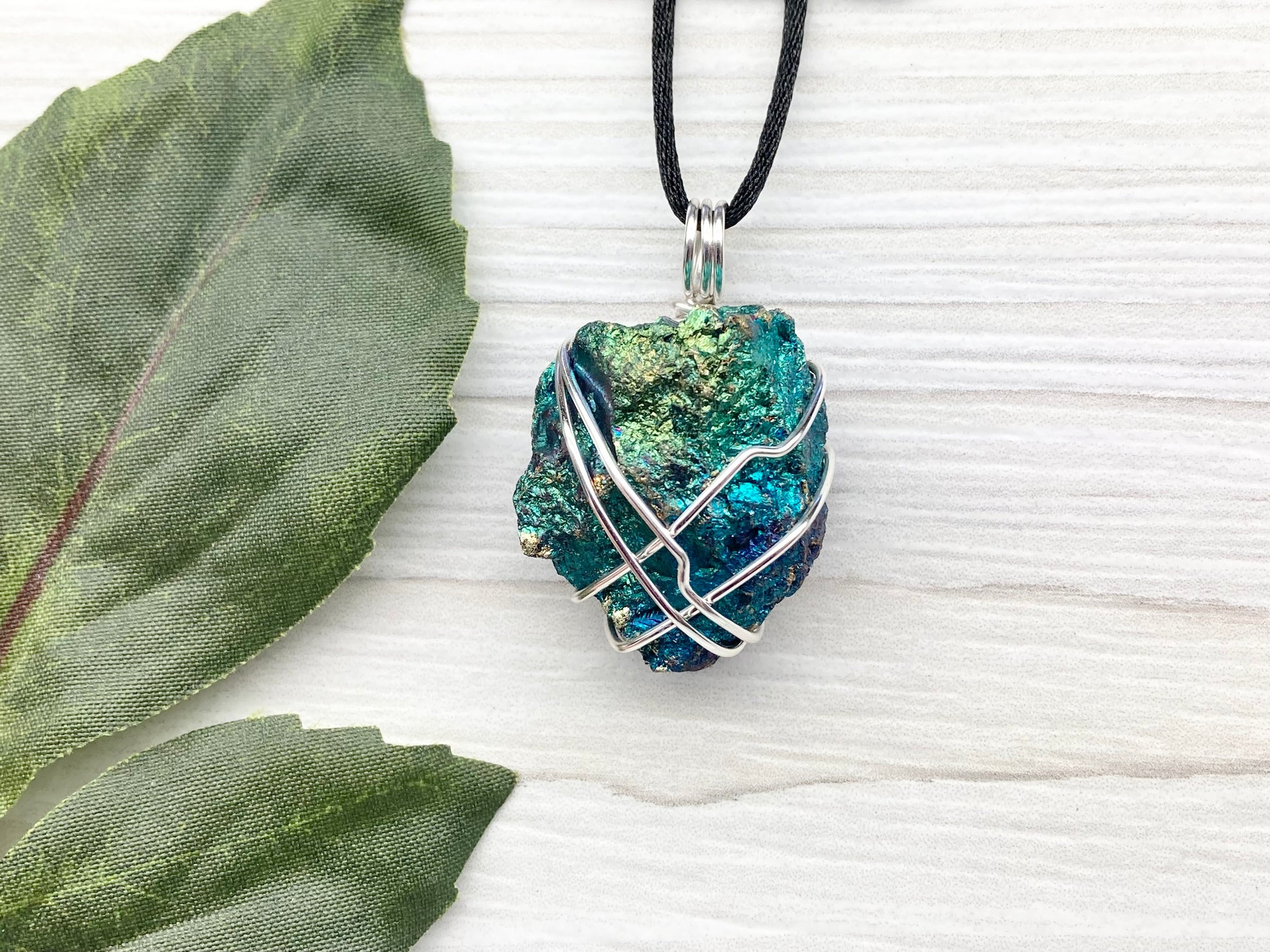 Raw Peacock Ore Necklace. Silver Copper Wire Wrapped Shimmery Crystal Pendant. Comes On A Black Necklace. Handmade Spiritual Jewelry.