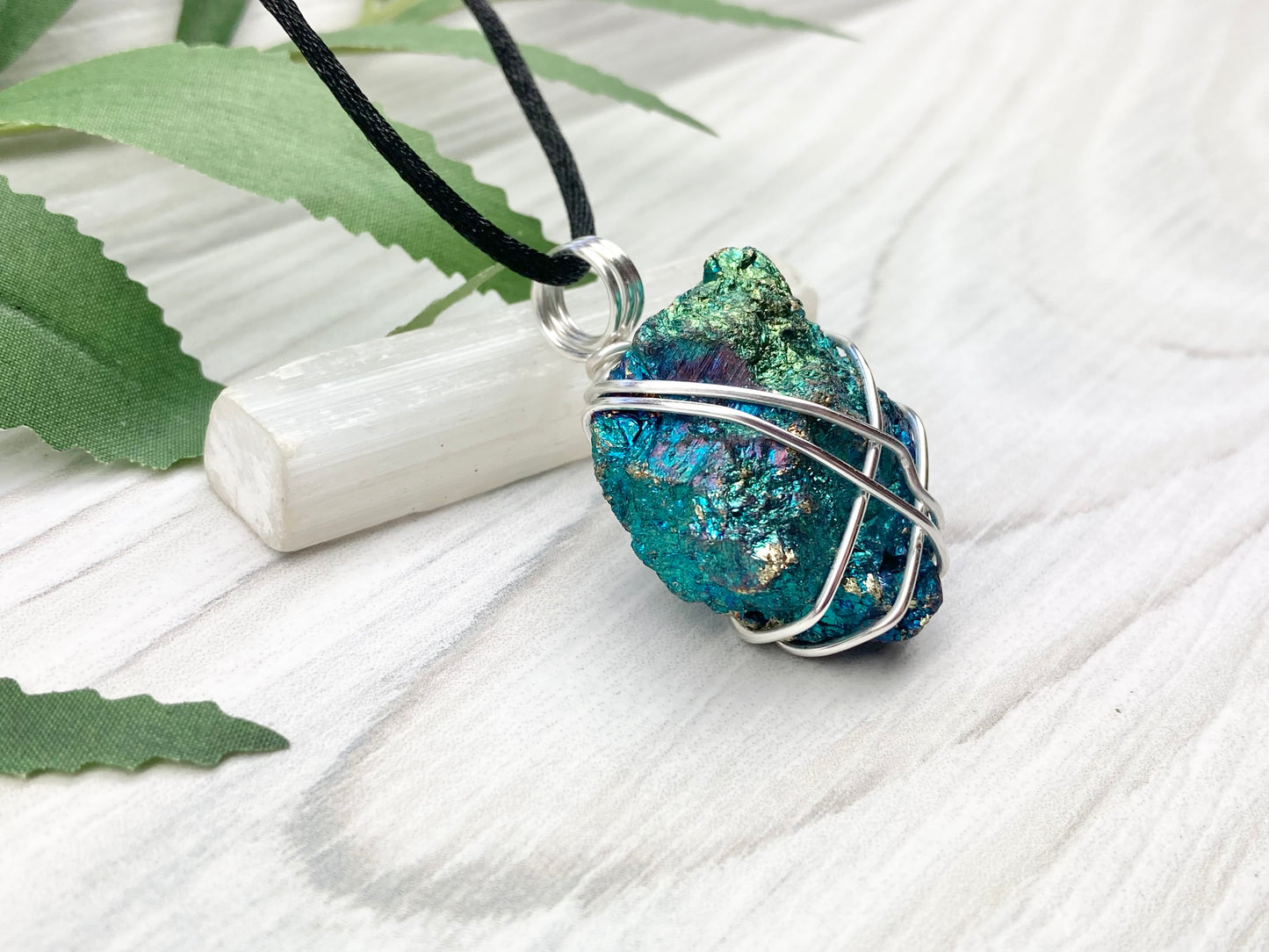 Raw Peacock Ore Necklace. Silver Copper Wire Wrapped Shimmery Crystal Pendant. Comes On A Black Necklace. Handmade Spiritual Jewelry.