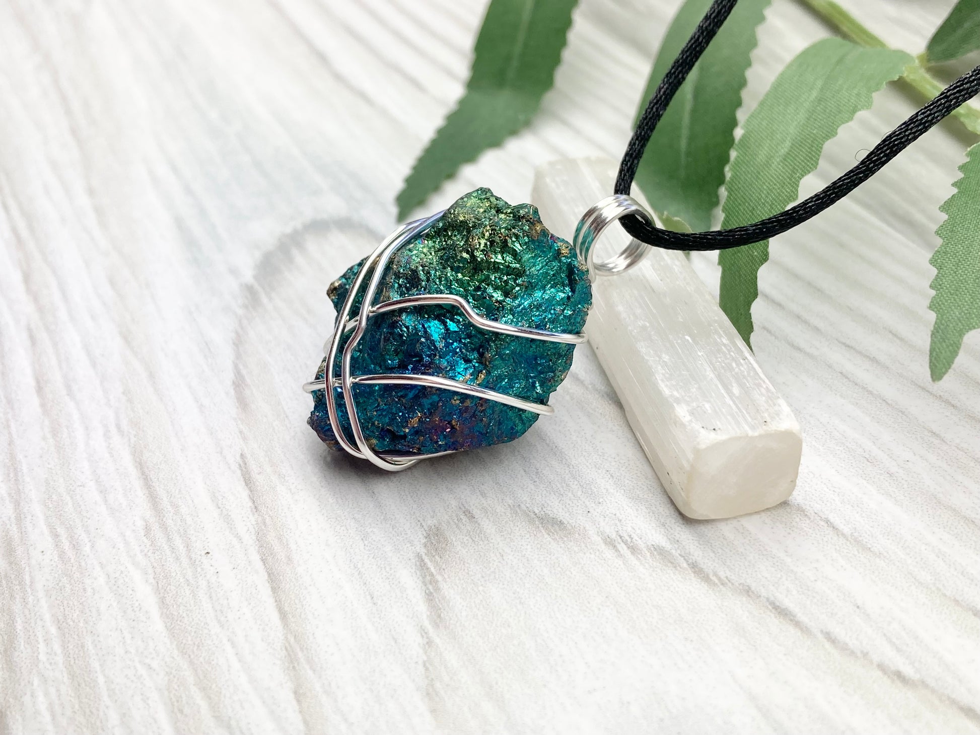 Raw Peacock Ore Necklace. Silver Copper Wire Wrapped Shimmery Crystal Pendant. Comes On A Black Necklace. Handmade Spiritual Jewelry.