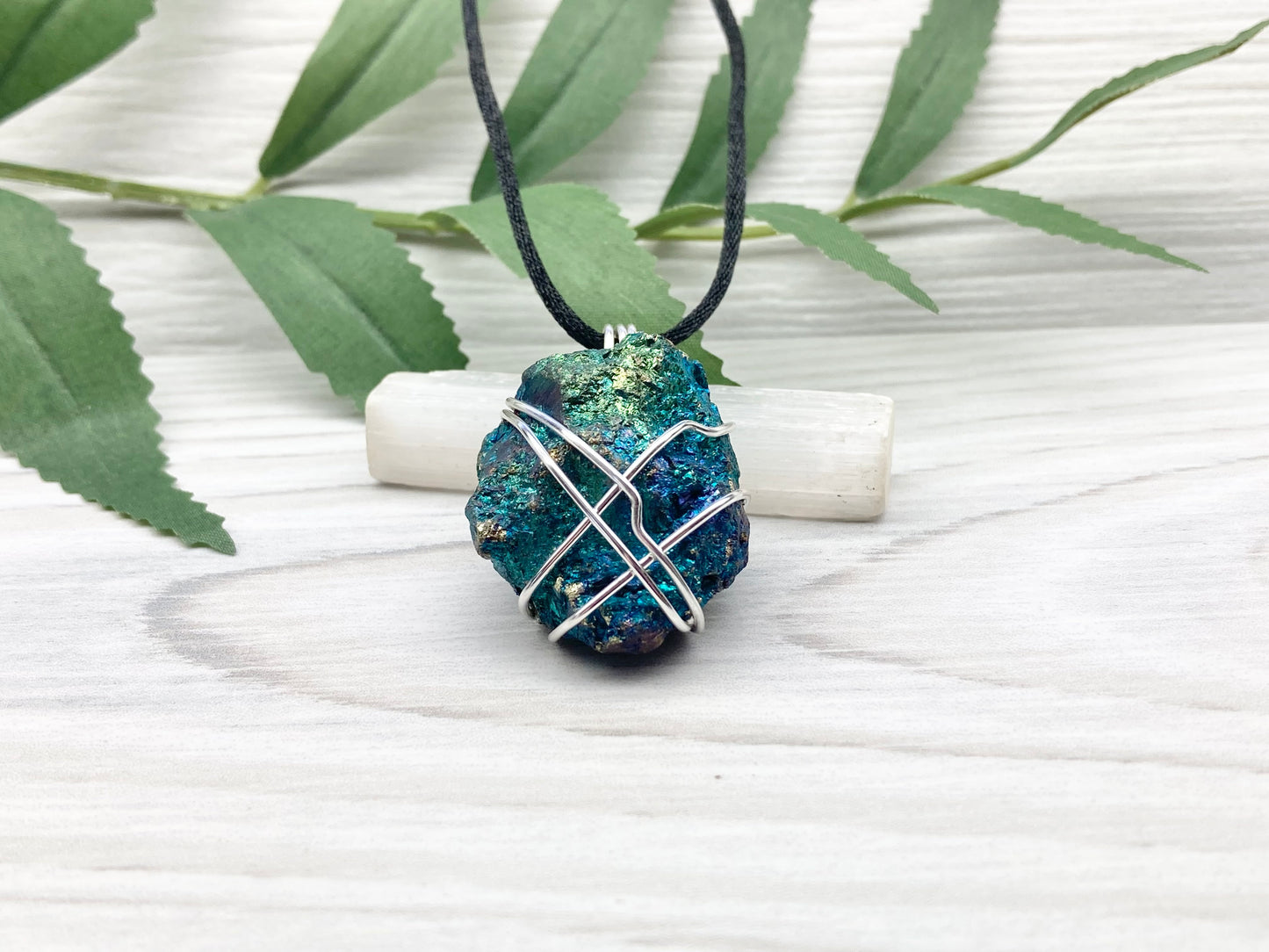 Raw Peacock Ore Necklace. Silver Copper Wire Wrapped Shimmery Crystal Pendant. Comes On A Black Necklace. Handmade Spiritual Jewelry.