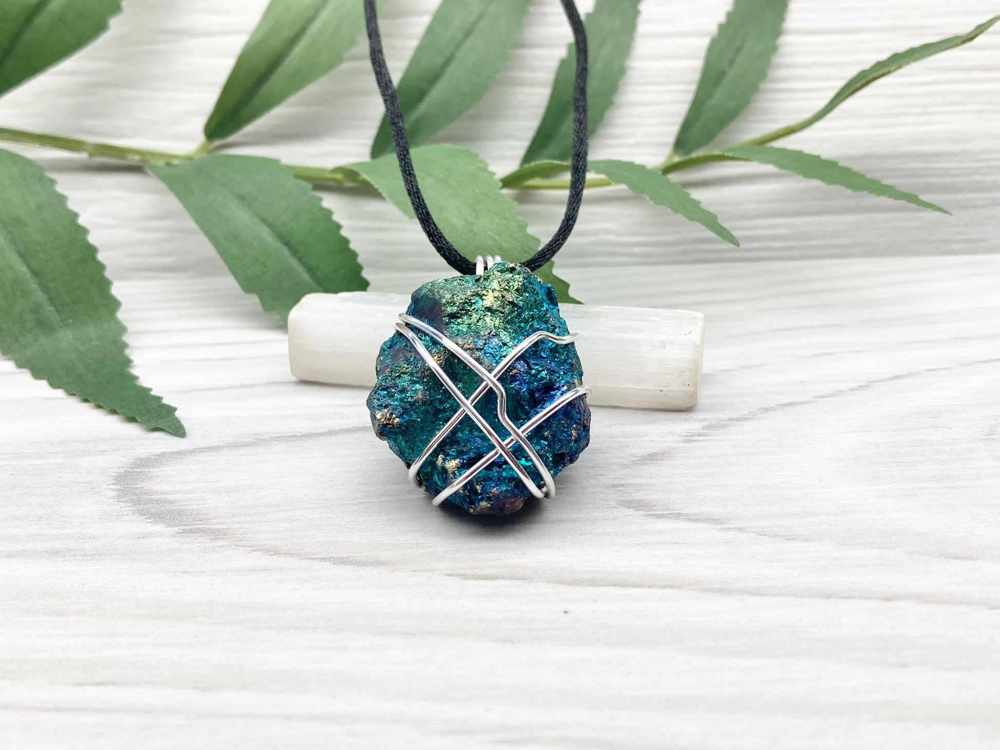 Raw Peacock Ore Necklace. Silver Copper Wire Wrapped Shimmery Crystal Pendant. Comes On A Black Necklace. Handmade Spiritual Jewelry.