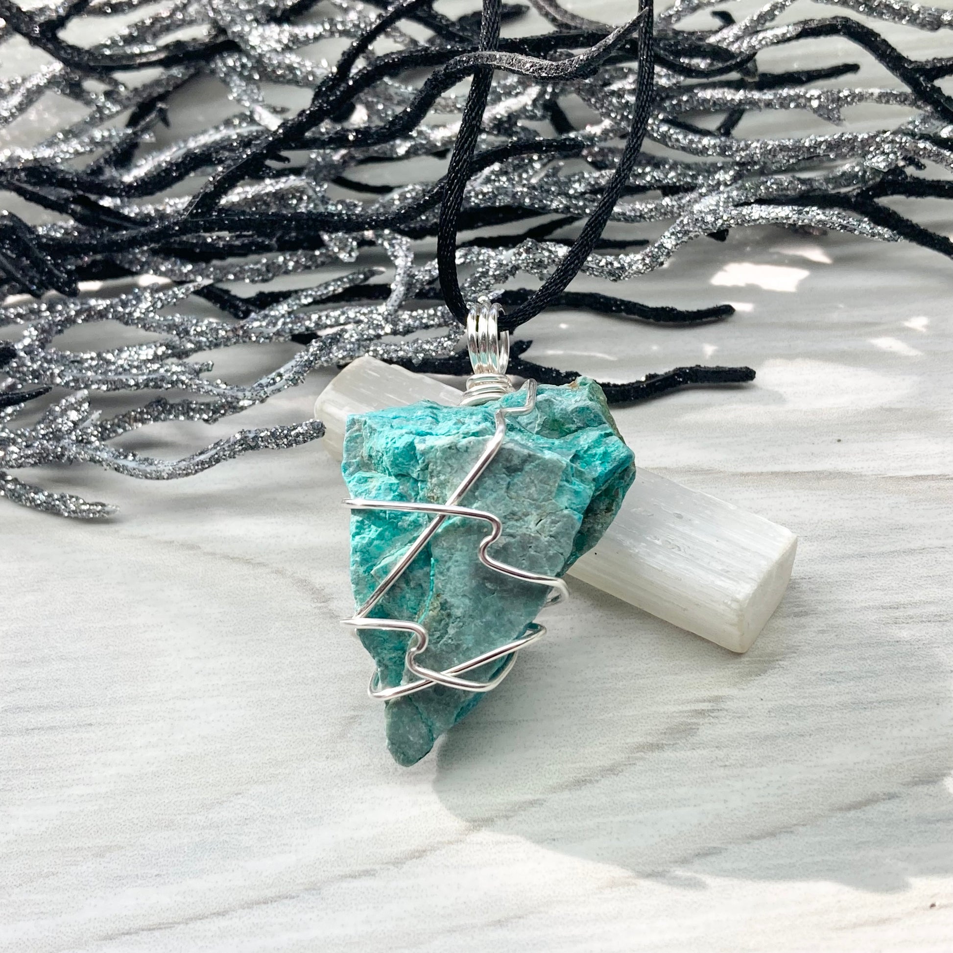 Chrysocolla Necklace. Raw Chrysocolla Crystal Wrapped With Silver Colored Copper Wire. This Stone Is A Beautiful Teal Color. Comes On A Black Chain.