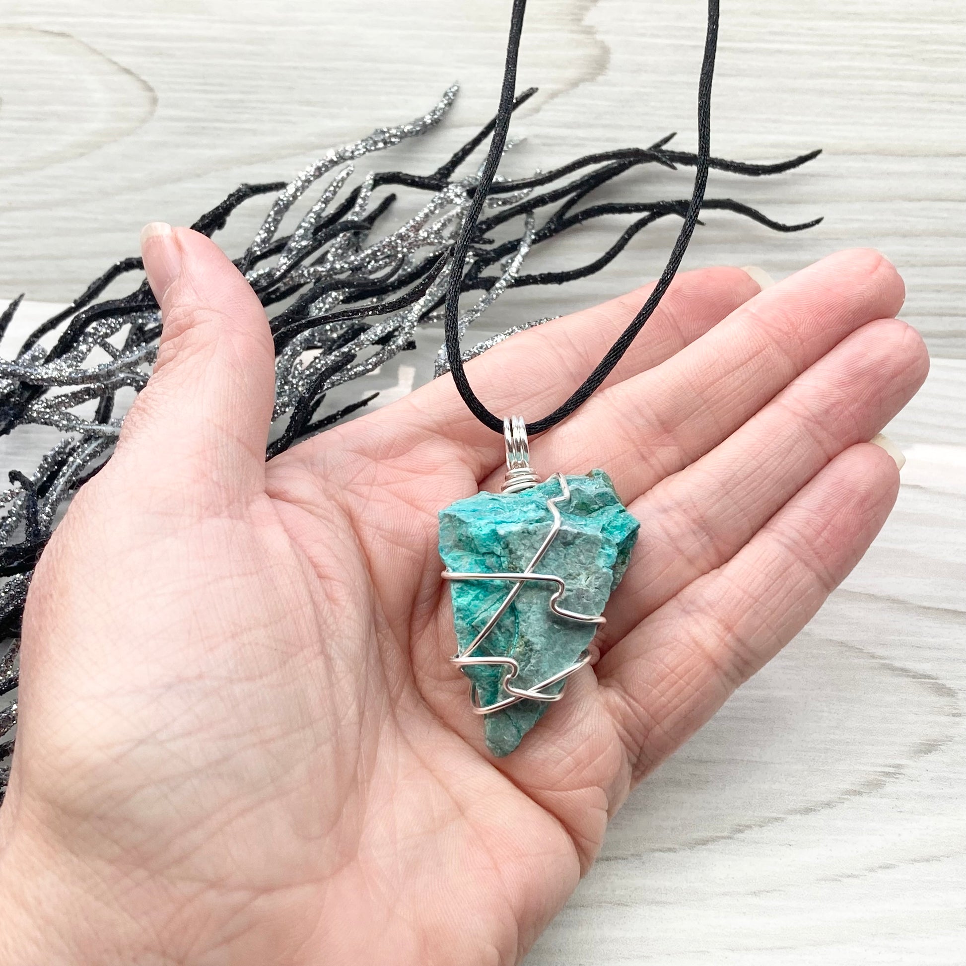 Chrysocolla Necklace. Raw Chrysocolla Crystal Wrapped With Silver Colored Copper Wire. This Stone Is A Beautiful Teal Color. Comes On A Black Chain.