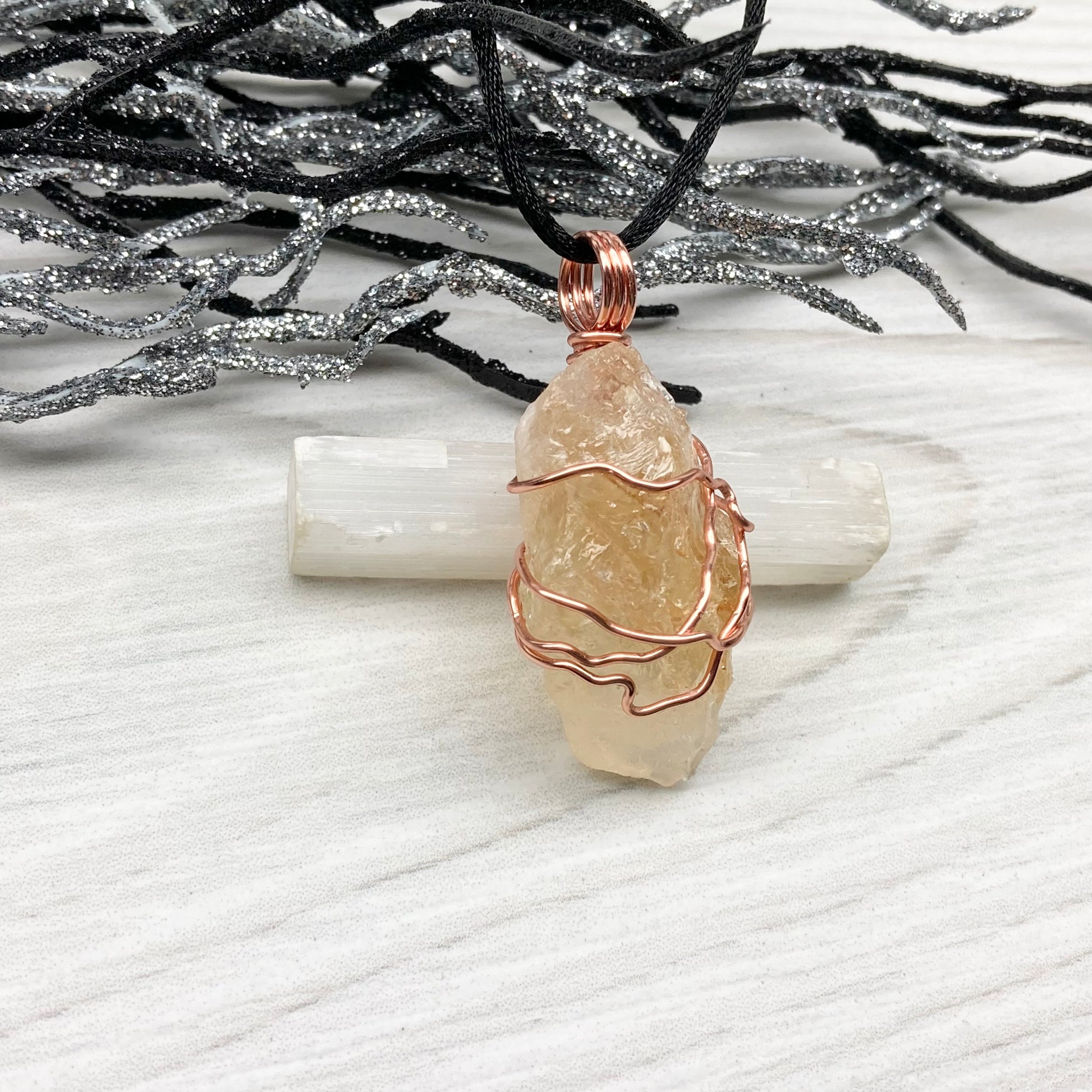 Raw Citrine Necklace. This Citrine Crystal Is Hand Wrapped With Pure Copper Wire That Has A Tarnish Resistant Finish.  Stone Is A Yellow Orange Color. Handmade During The Moon In Scorpio. New Age Gift For Him Or Her.