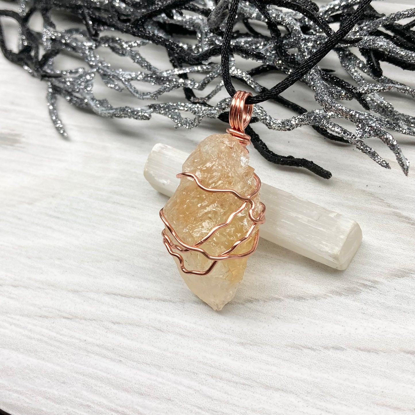 Raw Citrine Necklace. This Citrine Crystal Is Hand Wrapped With Pure Copper Wire That Has A Tarnish Resistant Finish.  Stone Is A Yellow Orange Color. Handmade During The Moon In Scorpio. New Age Gift For Him Or Her.