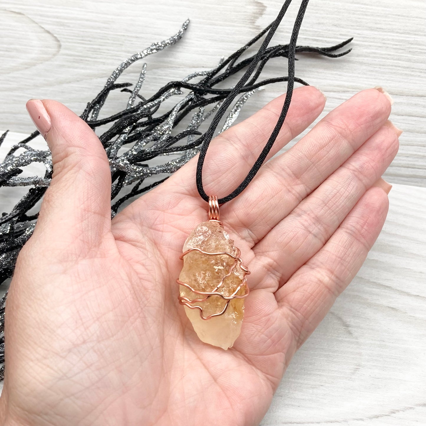 Raw Citrine Necklace. This Citrine Crystal Is Hand Wrapped With Pure Copper Wire That Has A Tarnish Resistant Finish.  Stone Is A Yellow Orange Color. Handmade During The Moon In Scorpio. New Age Gift For Him Or Her.