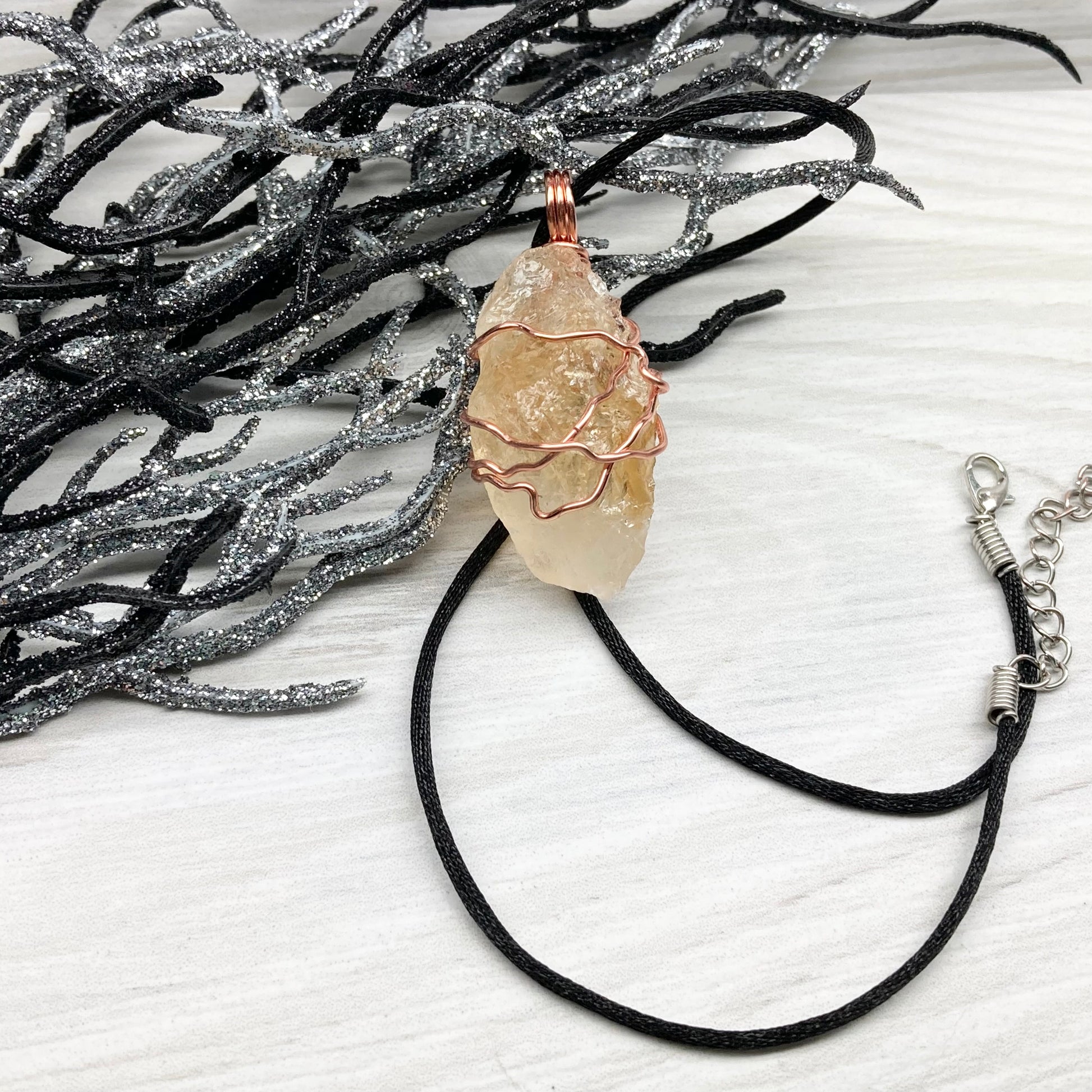 Raw Citrine Necklace. This Citrine Crystal Is Hand Wrapped With Pure Copper Wire That Has A Tarnish Resistant Finish.  Stone Is A Yellow Orange Color. Handmade During The Moon In Scorpio. New Age Gift For Him Or Her.