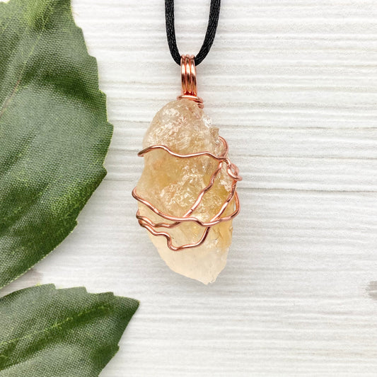 Raw Citrine Necklace. This Citrine Crystal Is Hand Wrapped With Pure Copper Wire That Has A Tarnish Resistant Finish.  Stone Is A Yellow Orange Color. Handmade During The Moon In Scorpio. New Age Gift For Him Or Her.