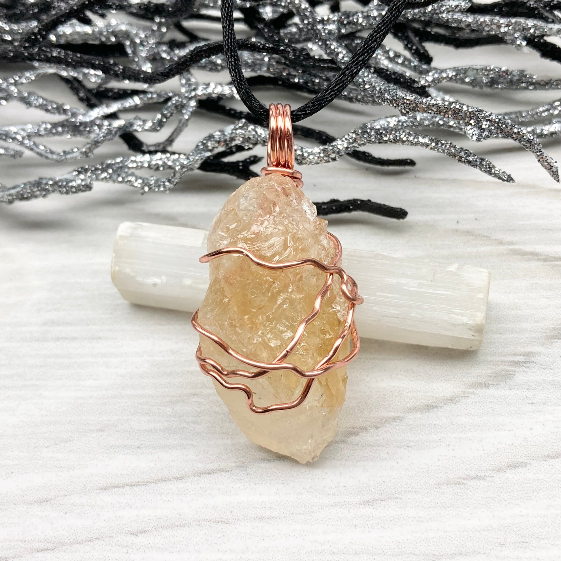 Raw Citrine Necklace. This Citrine Crystal Is Hand Wrapped With Pure Copper Wire That Has A Tarnish Resistant Finish.  Stone Is A Yellow Orange Color. Handmade During The Moon In Scorpio. New Age Gift For Him Or Her.
