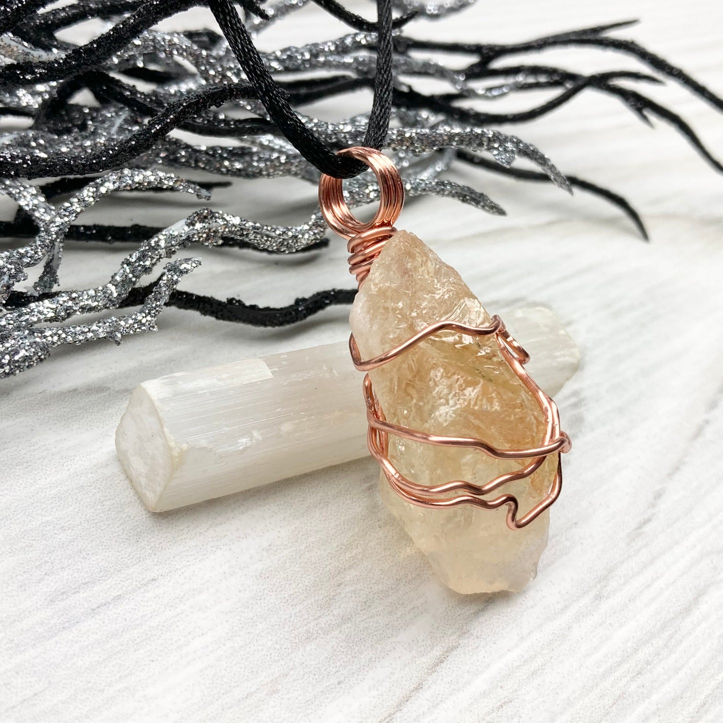 Raw Citrine Necklace. This Citrine Crystal Is Hand Wrapped With Pure Copper Wire That Has A Tarnish Resistant Finish.  Stone Is A Yellow Orange Color. Handmade During The Moon In Scorpio. New Age Gift For Him Or Her.