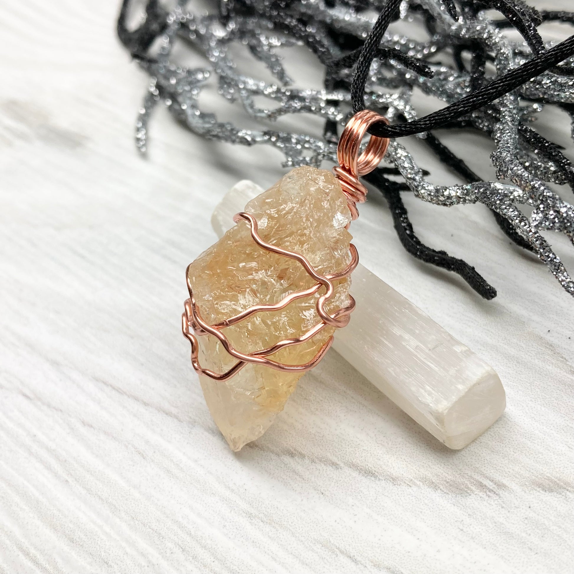Raw Citrine Necklace. This Citrine Crystal Is Hand Wrapped With Pure Copper Wire That Has A Tarnish Resistant Finish.  Stone Is A Yellow Orange Color. Handmade During The Moon In Scorpio. New Age Gift For Him Or Her.