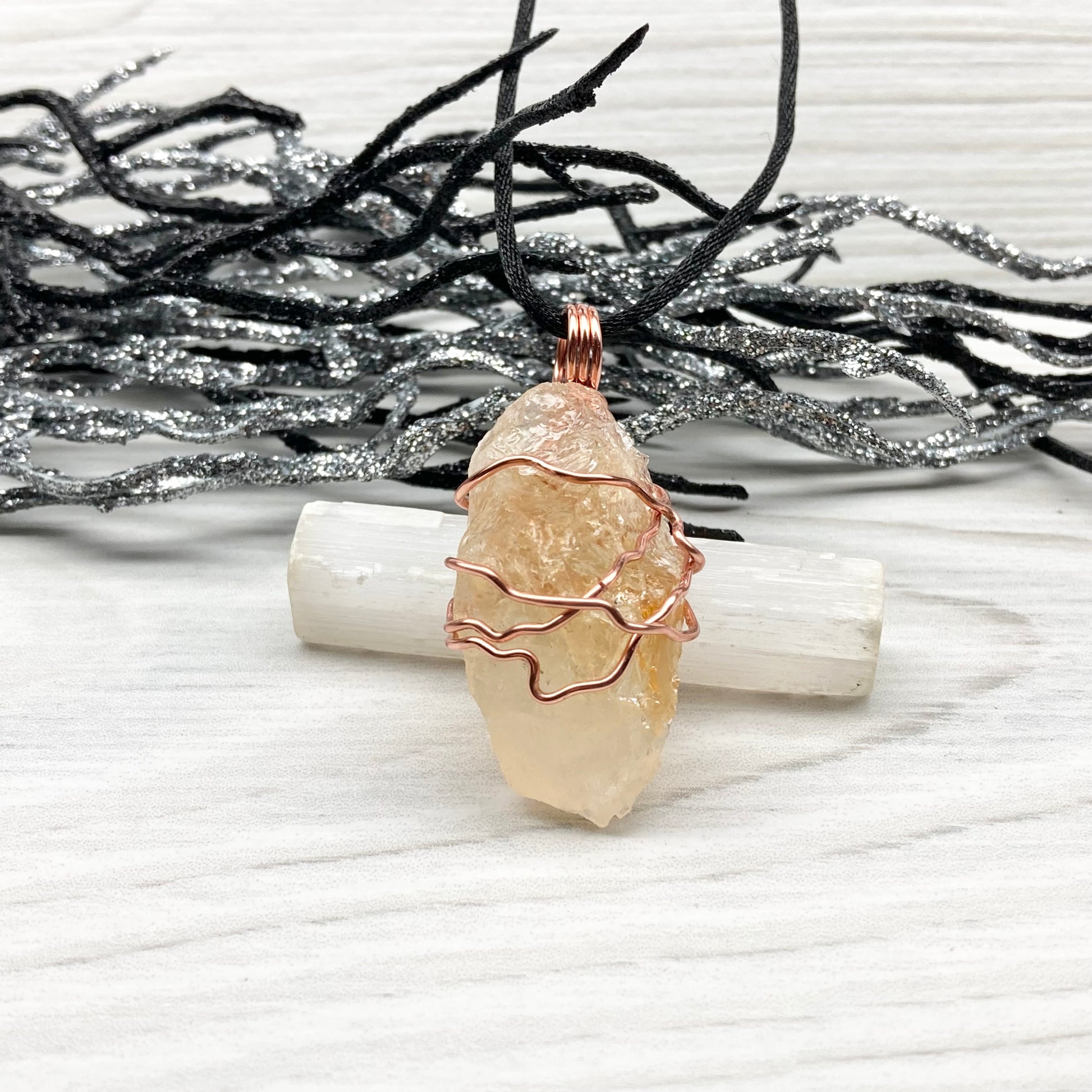 Raw Citrine Necklace. This Citrine Crystal Is Hand Wrapped With Pure Copper Wire That Has A Tarnish Resistant Finish.  Stone Is A Yellow Orange Color. Handmade During The Moon In Scorpio. New Age Gift For Him Or Her.