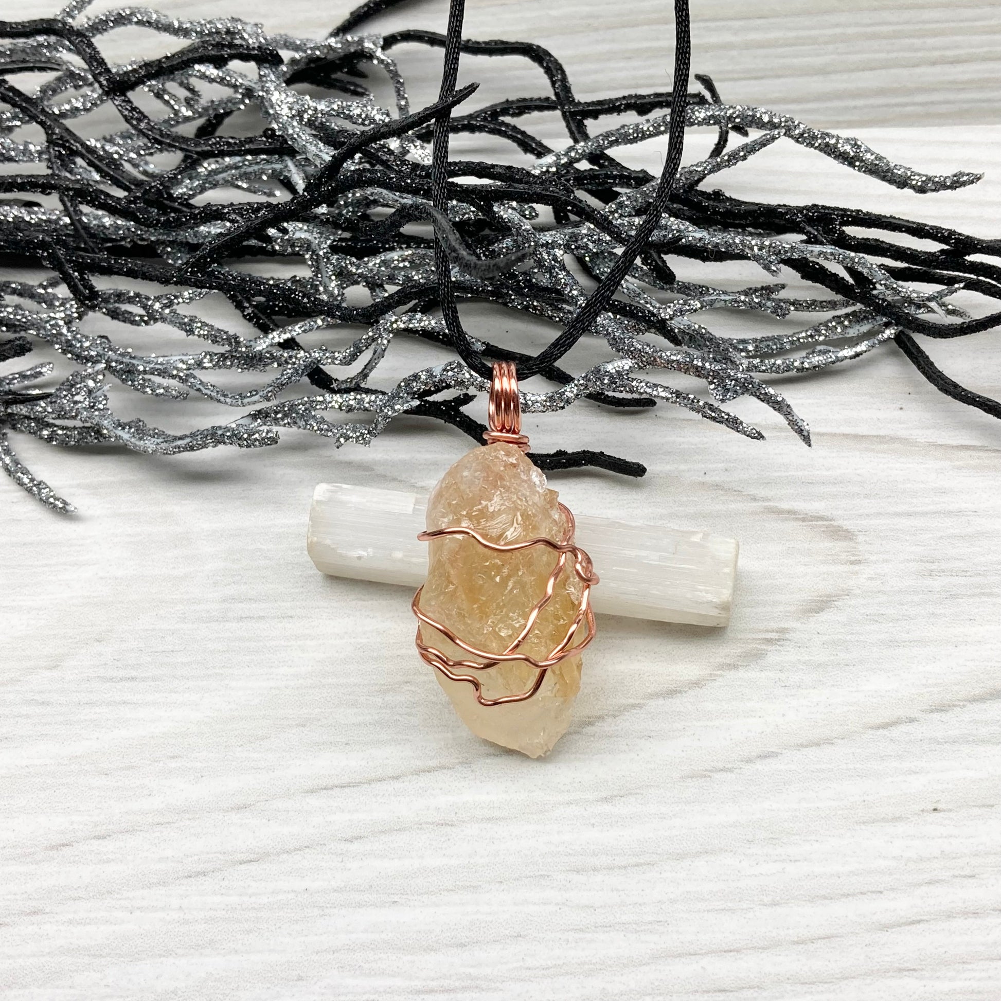 Raw Citrine Necklace. This Citrine Crystal Is Hand Wrapped With Pure Copper Wire That Has A Tarnish Resistant Finish.  Stone Is A Yellow Orange Color. Handmade During The Moon In Scorpio. New Age Gift For Him Or Her.