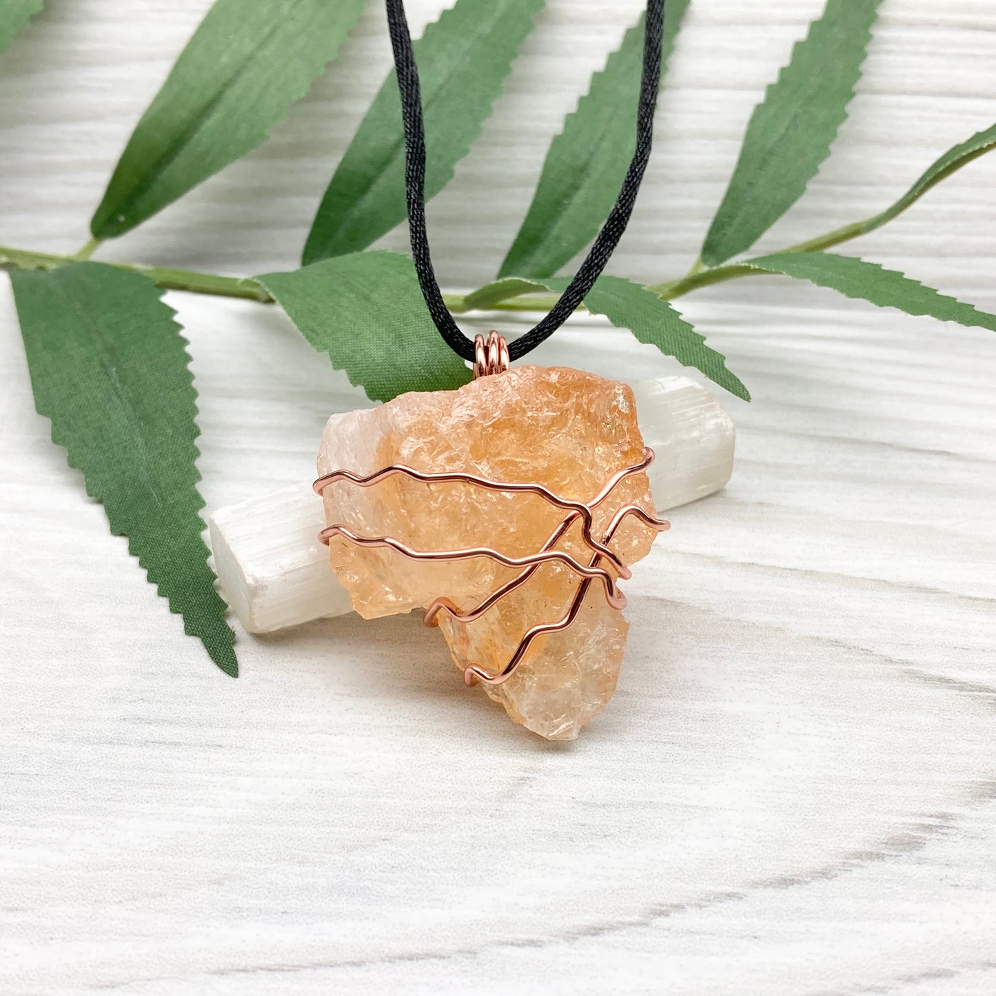 Chunky Raw Citrine Necklace. Larger Yellow Orange Crystal Wrapped With Tarnish Resistant Copper Wire. Comes On A Black Chain. Metaphysical Jewelry.