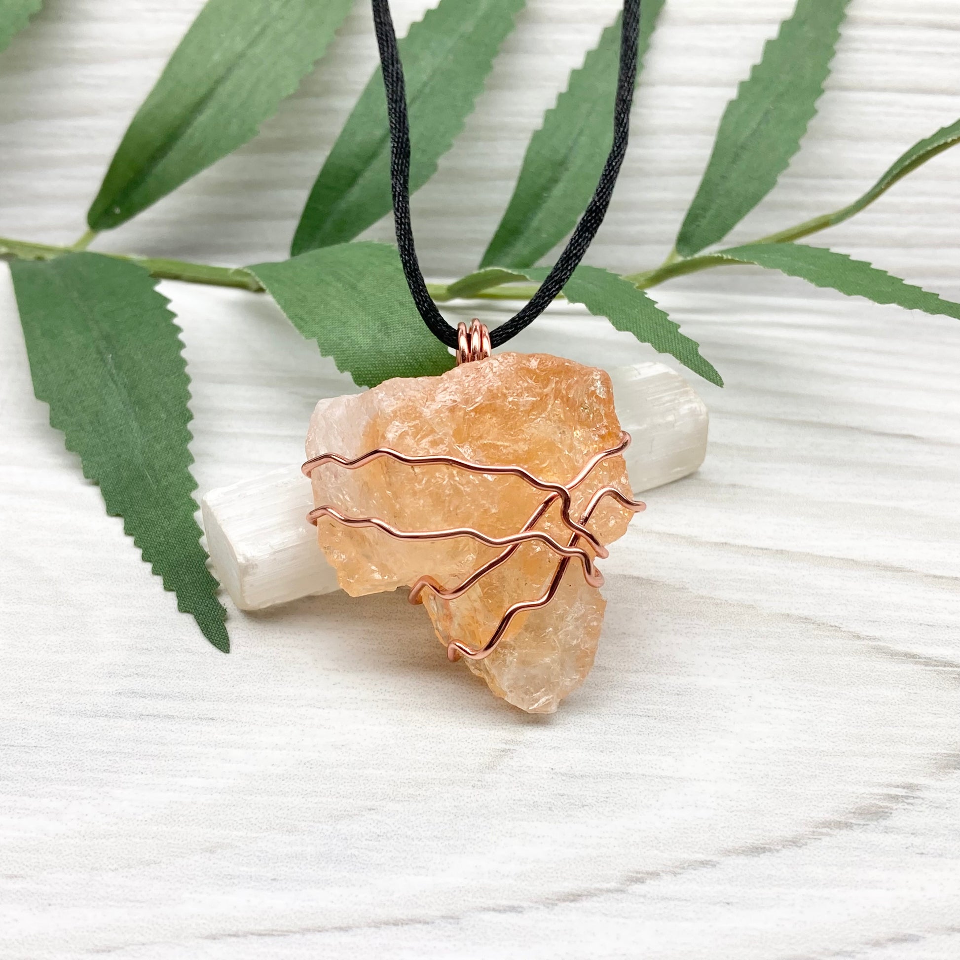 Chunky Raw Citrine Necklace. Larger Yellow Orange Crystal Wrapped With Tarnish Resistant Copper Wire. Comes On A Black Chain. Metaphysical Jewelry.