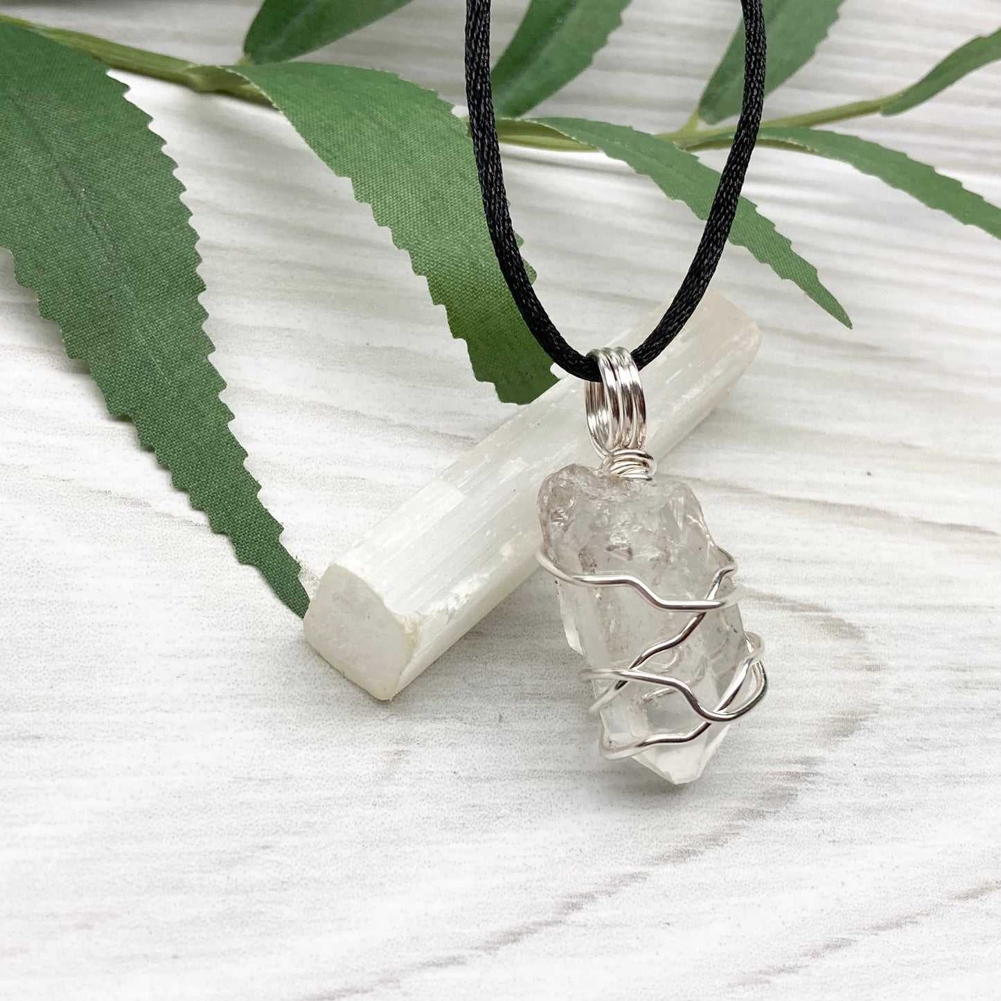 Natural Clear Quartz Necklace. Raw Quartz Wrapped With Silver Copper Wire. Comes On A Black Necklace. 