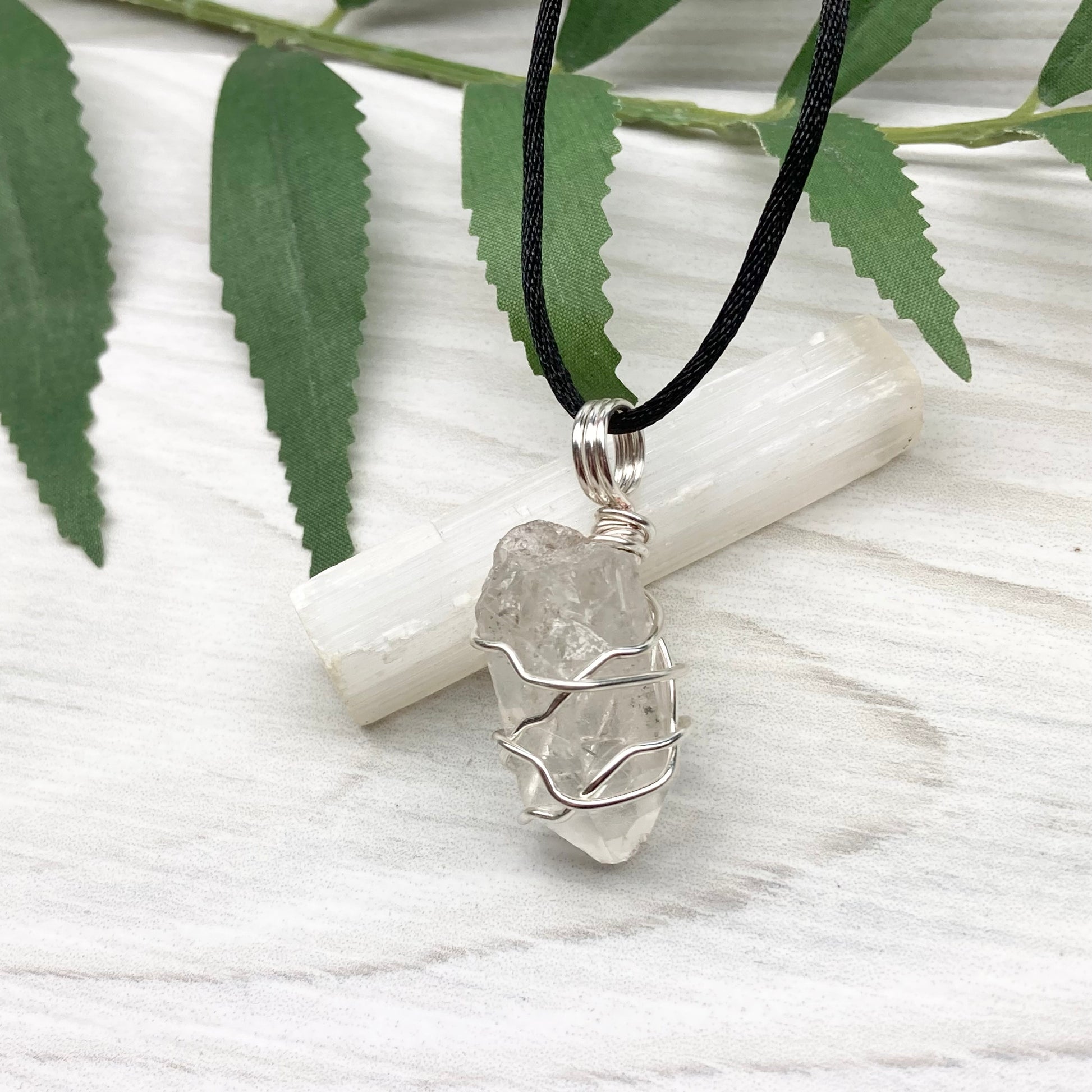 Natural Clear Quartz Necklace. Raw Quartz Wrapped With Silver Copper Wire. Comes On A Black Necklace. 