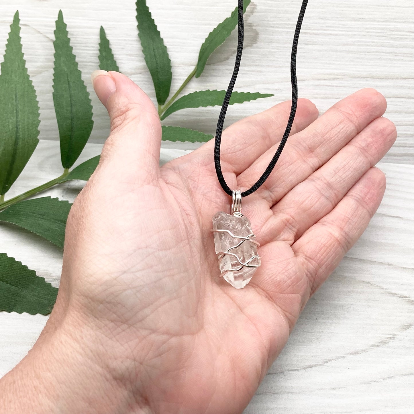 Natural Clear Quartz Necklace. Raw Quartz Wrapped With Silver Copper Wire. Comes On A Black Necklace. 