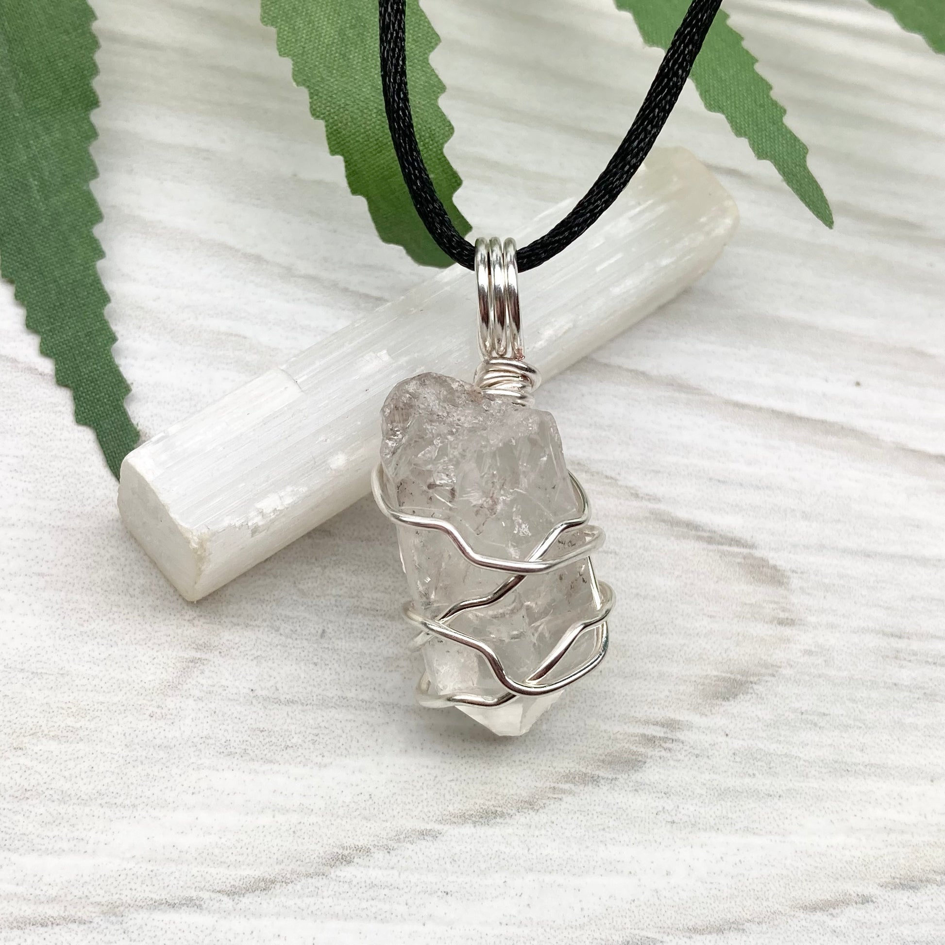 Natural Clear Quartz Necklace. Raw Quartz Wrapped With Silver Copper Wire. Comes On A Black Necklace. 