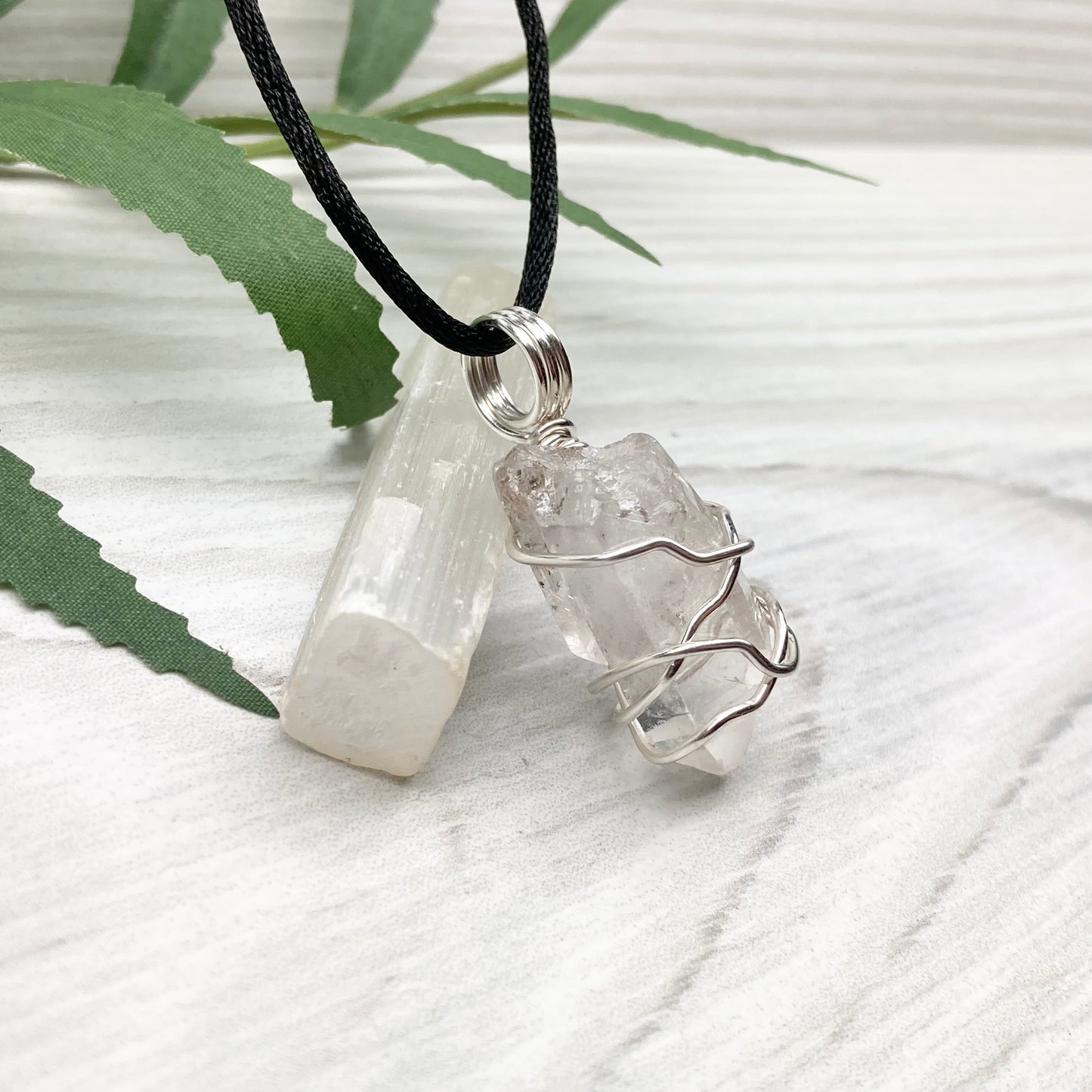 Natural Clear Quartz Necklace. Raw Quartz Wrapped With Silver Copper Wire. Comes On A Black Necklace. 