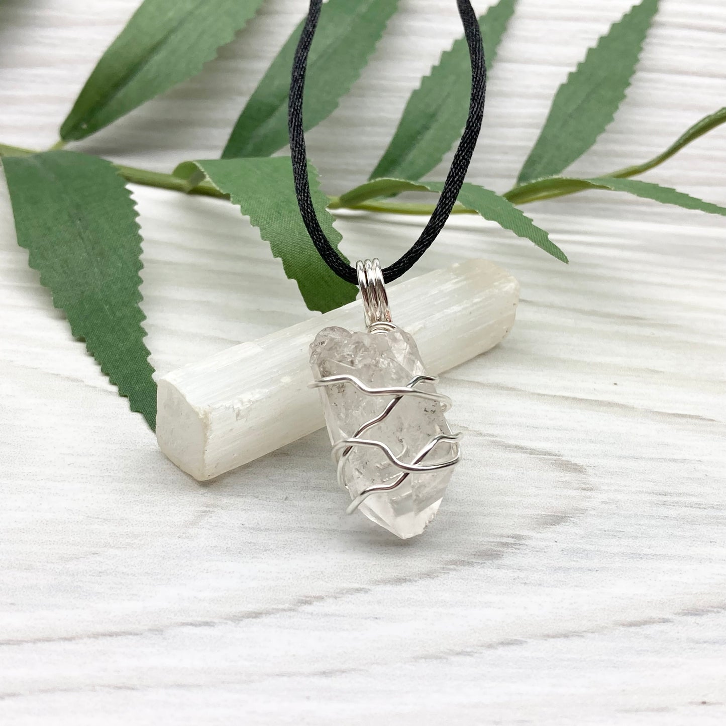 Natural Clear Quartz Necklace. Raw Quartz Wrapped With Silver Copper Wire. Comes On A Black Necklace. 