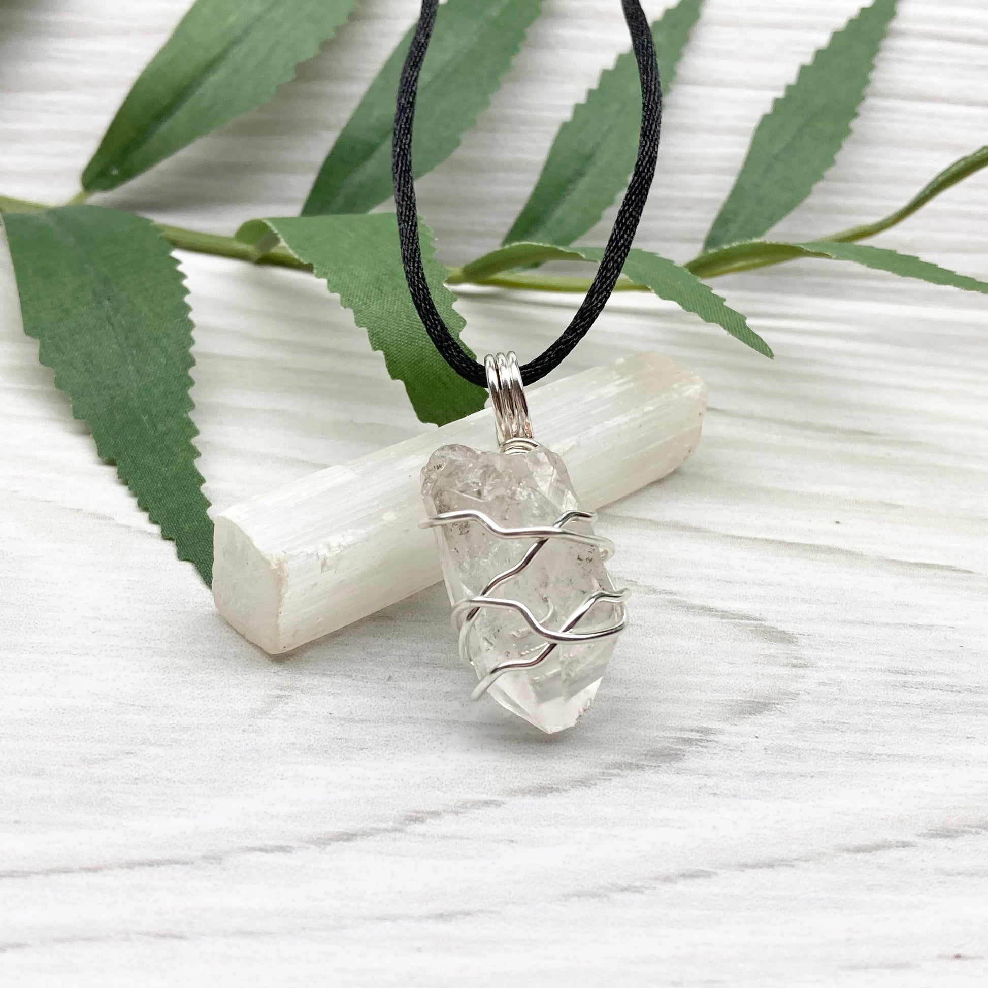 Natural Clear Quartz Necklace. Raw Quartz Wrapped With Silver Copper Wire. Comes On A Black Necklace. 