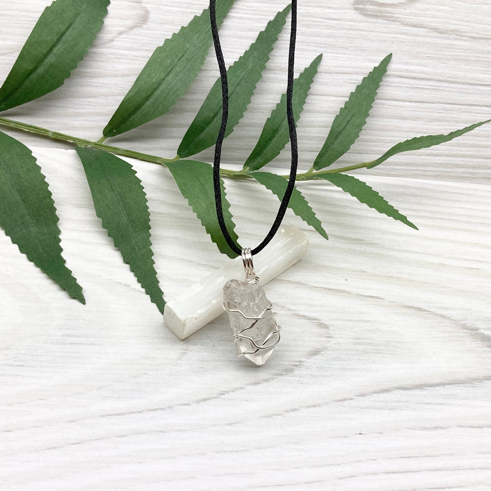Natural Clear Quartz Necklace. Raw Quartz Wrapped With Silver Copper Wire. Comes On A Black Necklace. 