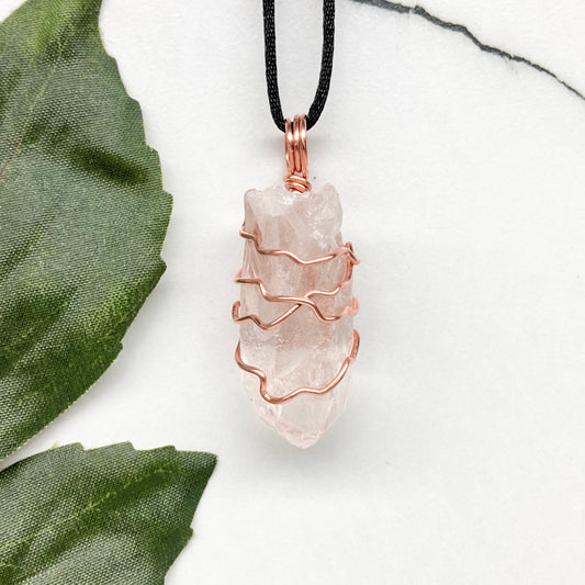 Raw Clear Quartz Crystal Necklace. Copper Wire Wrapped Stone Pendant. Comes On A Black Necklace. Handcrafted New Age Jewelry.