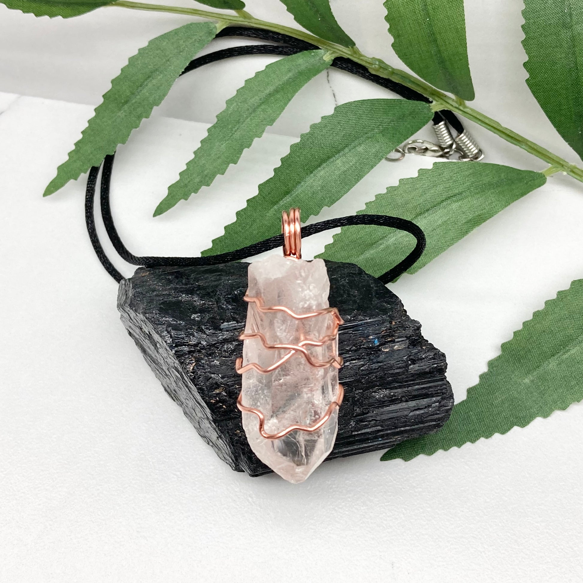 Raw Clear Quartz Crystal Necklace. Copper Wire Wrapped Stone Pendant. Comes On A Black Necklace. Handcrafted New Age Jewelry.