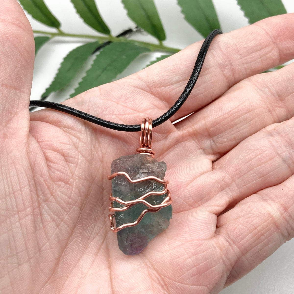 Raw Green Fluorite Crystal Necklace. This Stone Is Wrapped With Pure Copper Wire. Comes On A Black Lobster Clasp Chain.